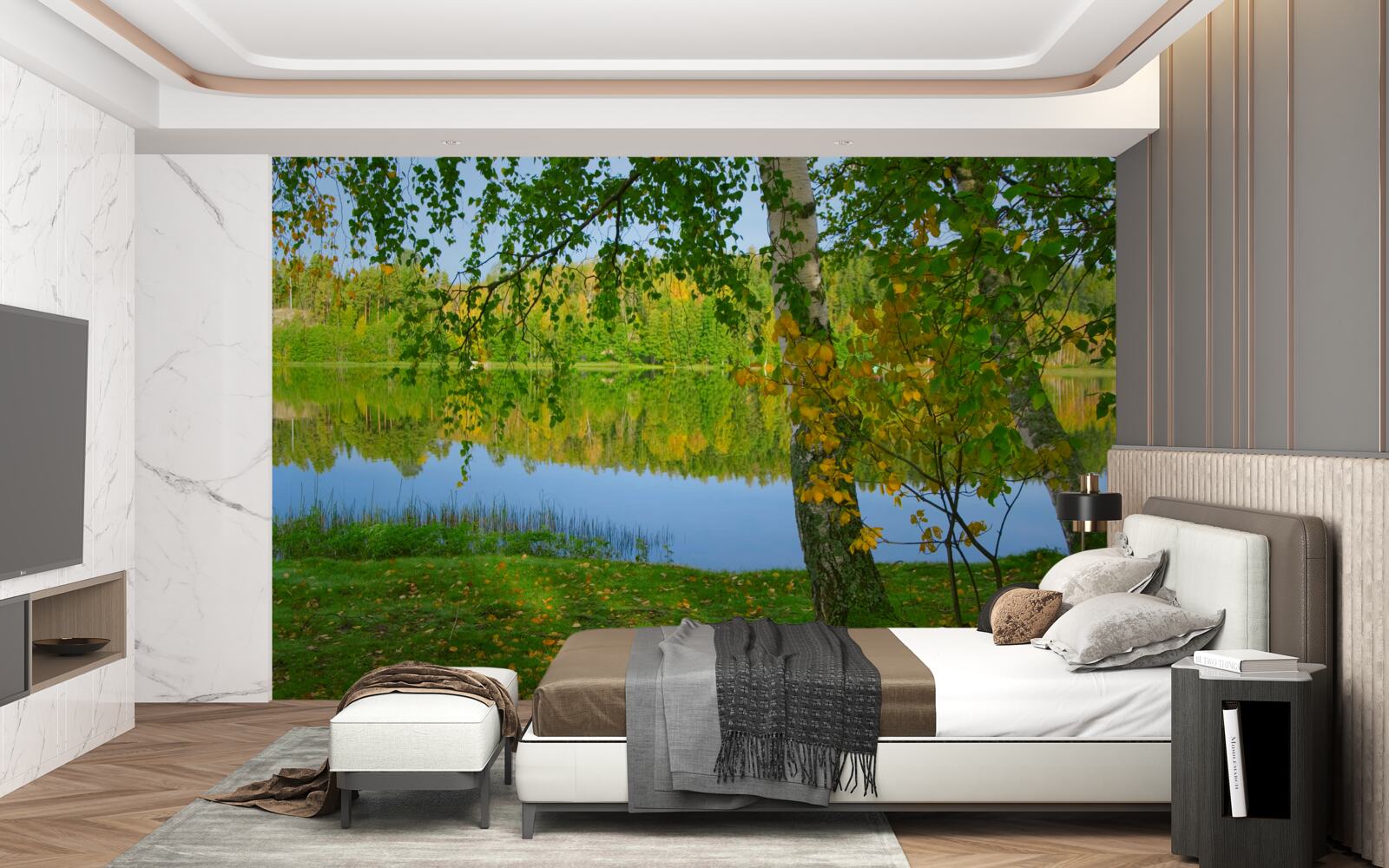 Fototapet reflecție a râului cu pădure densă de vară