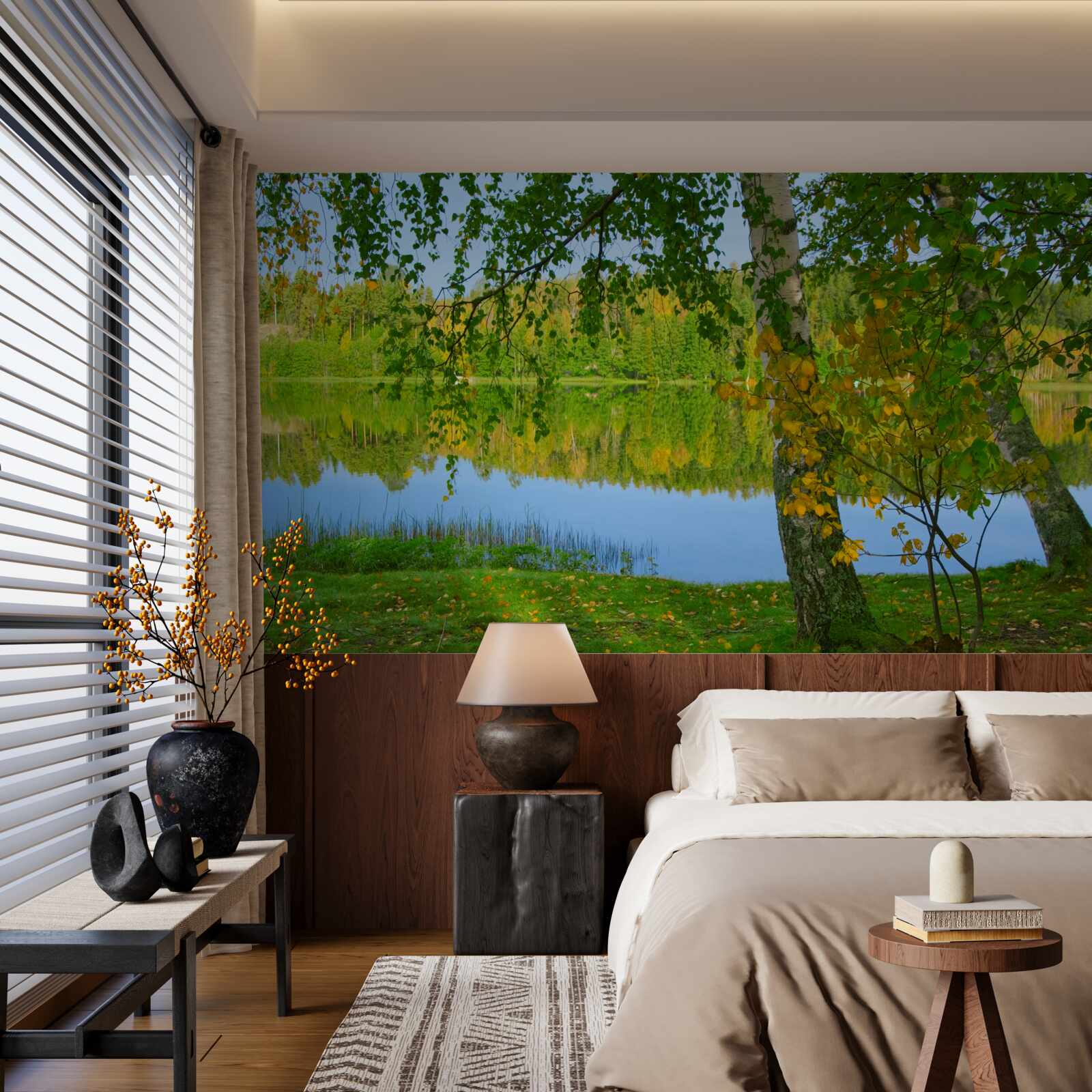 Fototapet reflecție a râului cu pădure densă de vară