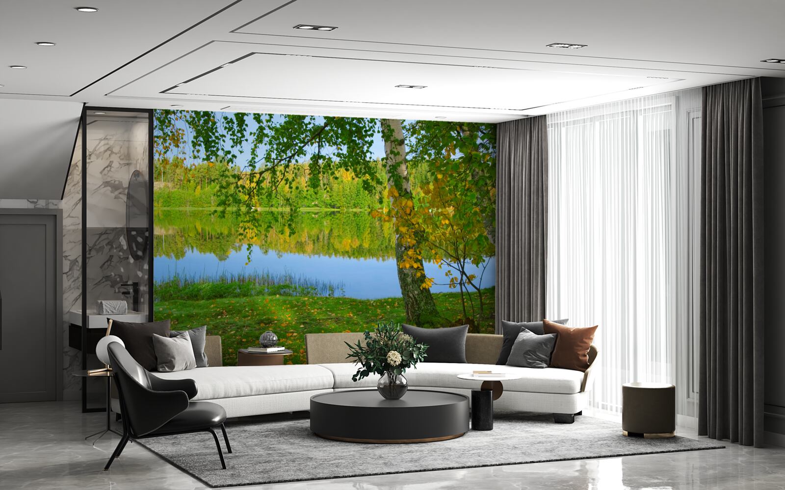 Fototapet reflecție a râului cu pădure densă de vară