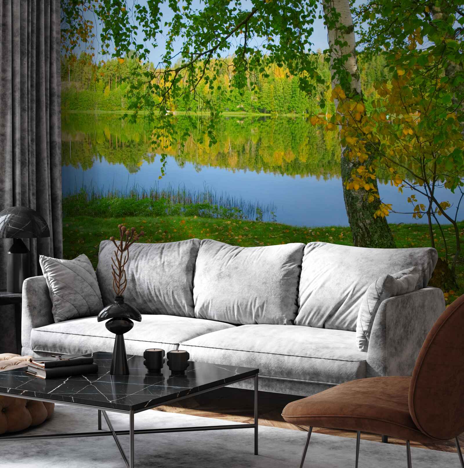 Fototapet reflecție a râului cu pădure densă de vară