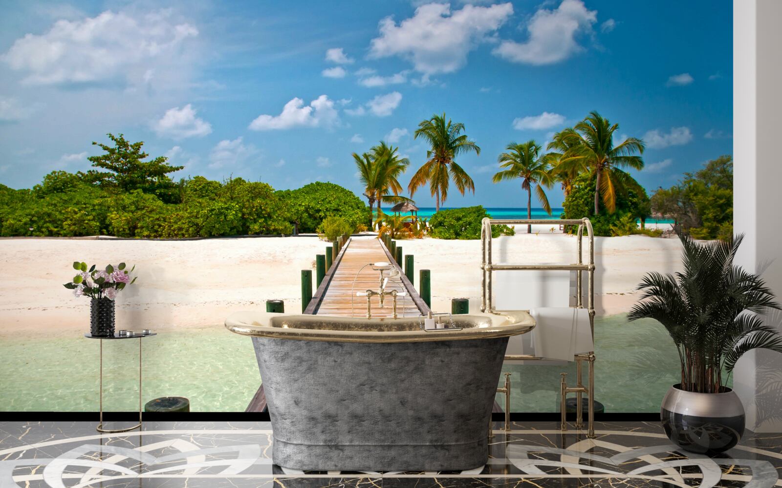 Fototapet dig de lemn pe un țărm tropical