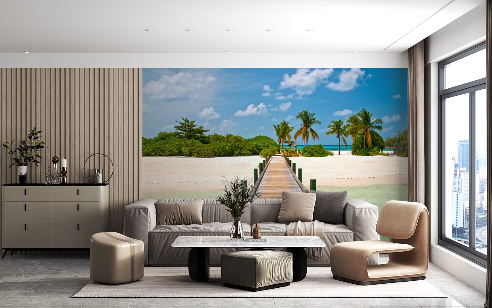 Fototapet dig de lemn pe un țărm tropical