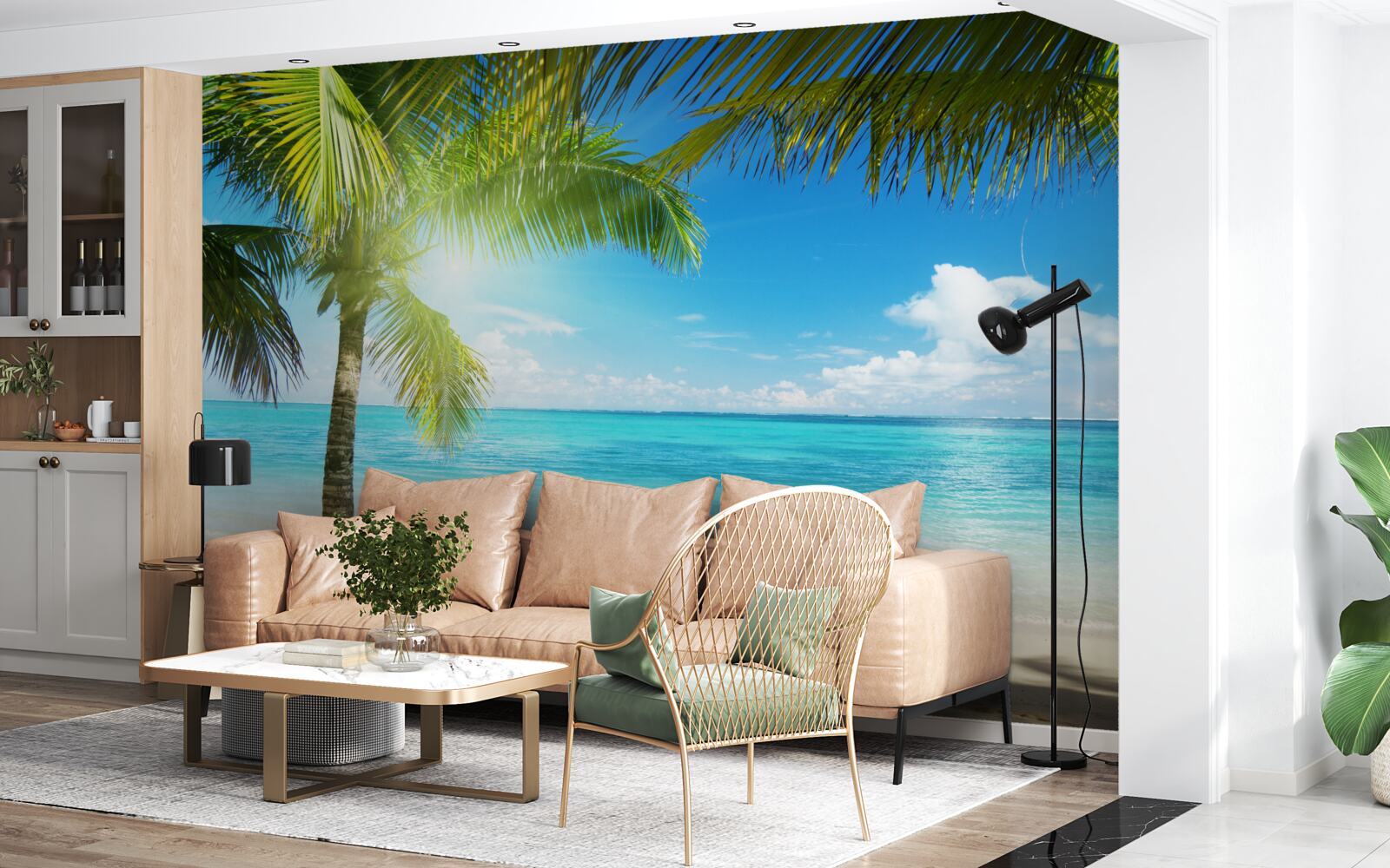 Fototapet plajă exotică liniștită decorată cu palmieri