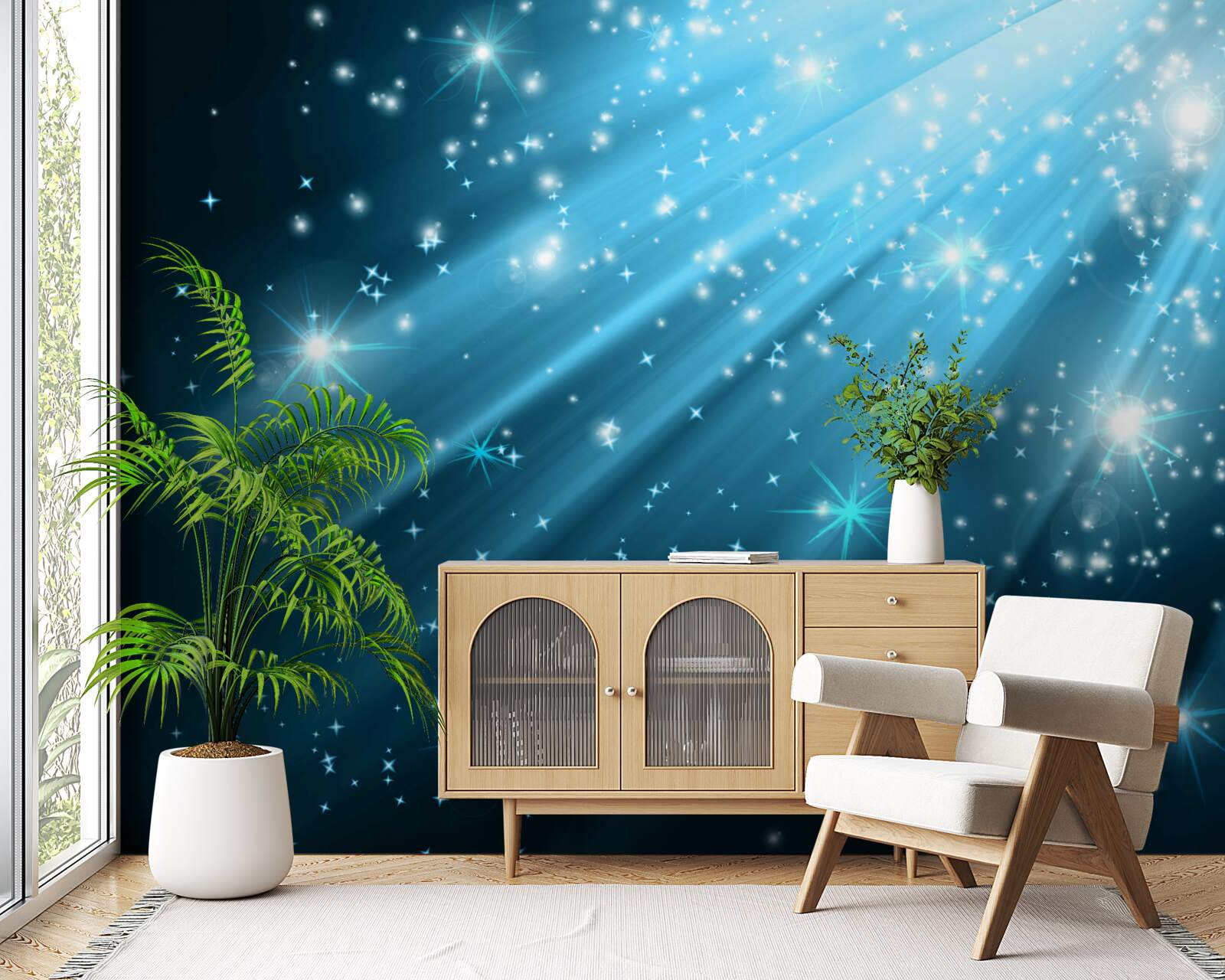 Fototapet Raze de lună strălucitoare pe un cer presărat cu stele