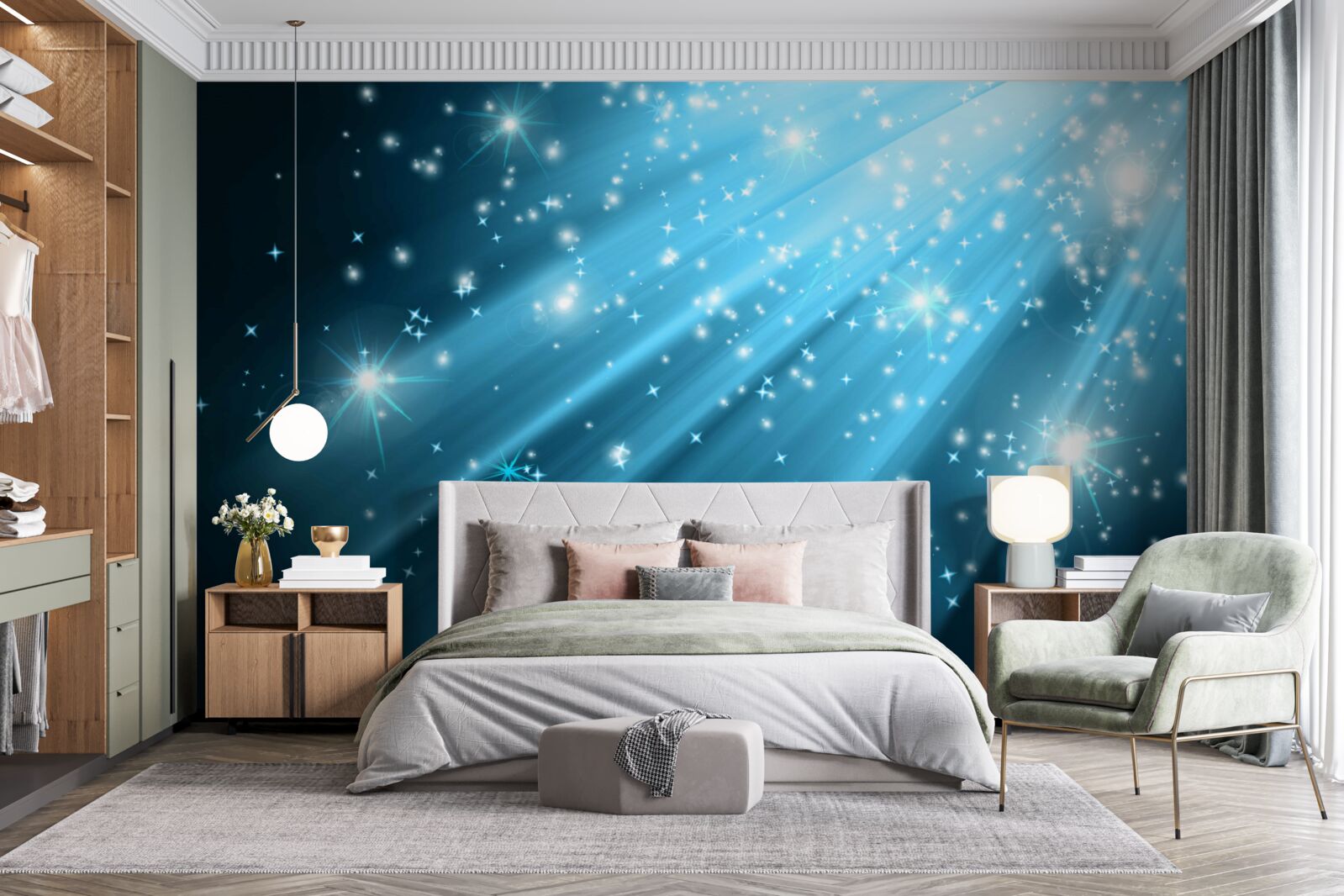 Fototapet Raze de lună strălucitoare pe un cer presărat cu stele