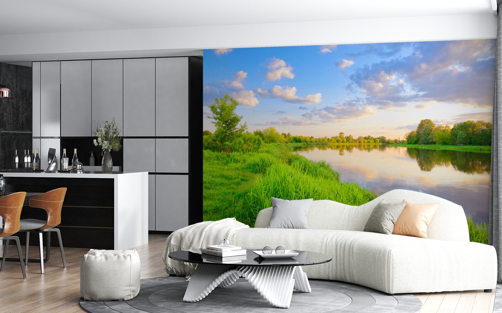 Fototapet râu calm lângă o pajiște verde