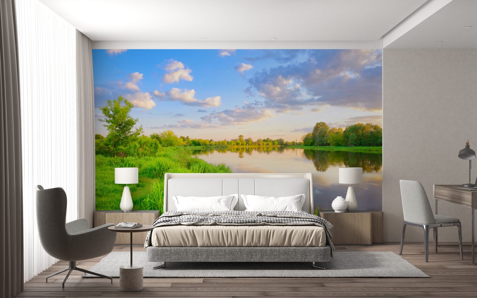 Fototapet râu calm lângă o pajiște verde