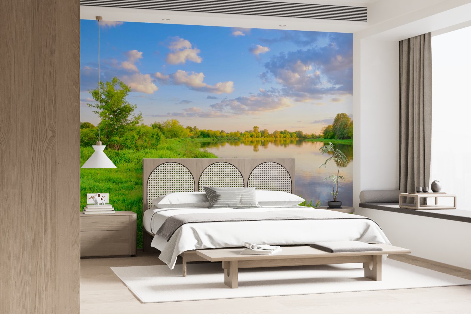 Fototapet râu calm lângă o pajiște verde