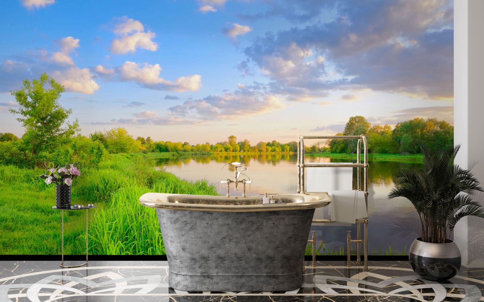 Fototapet râu calm lângă o pajiște verde