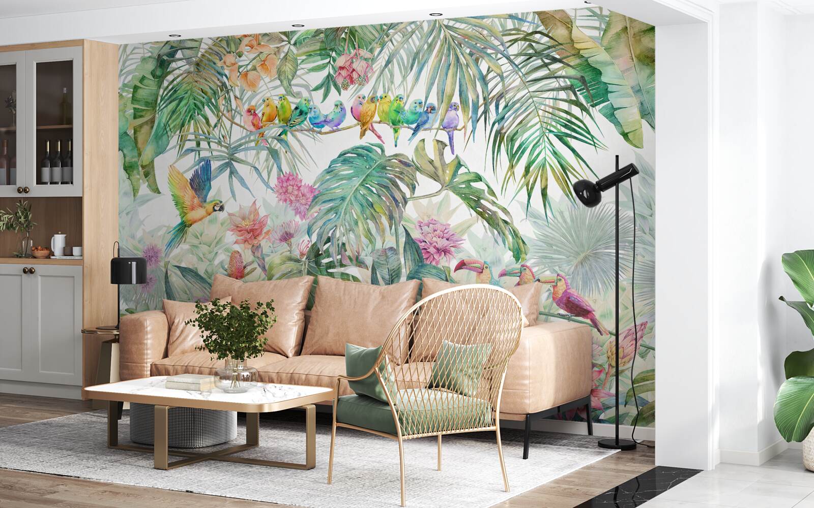 Fototapet păsări pe plante exotice