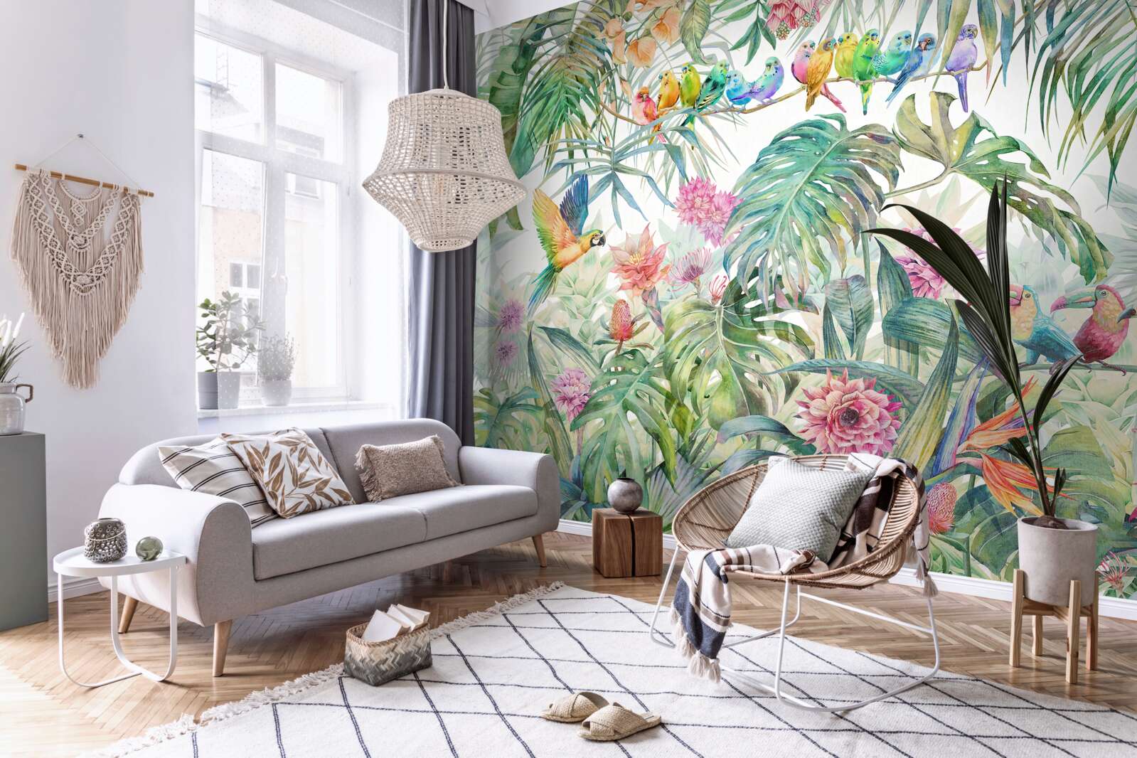 Fototapet păsări pe plante exotice