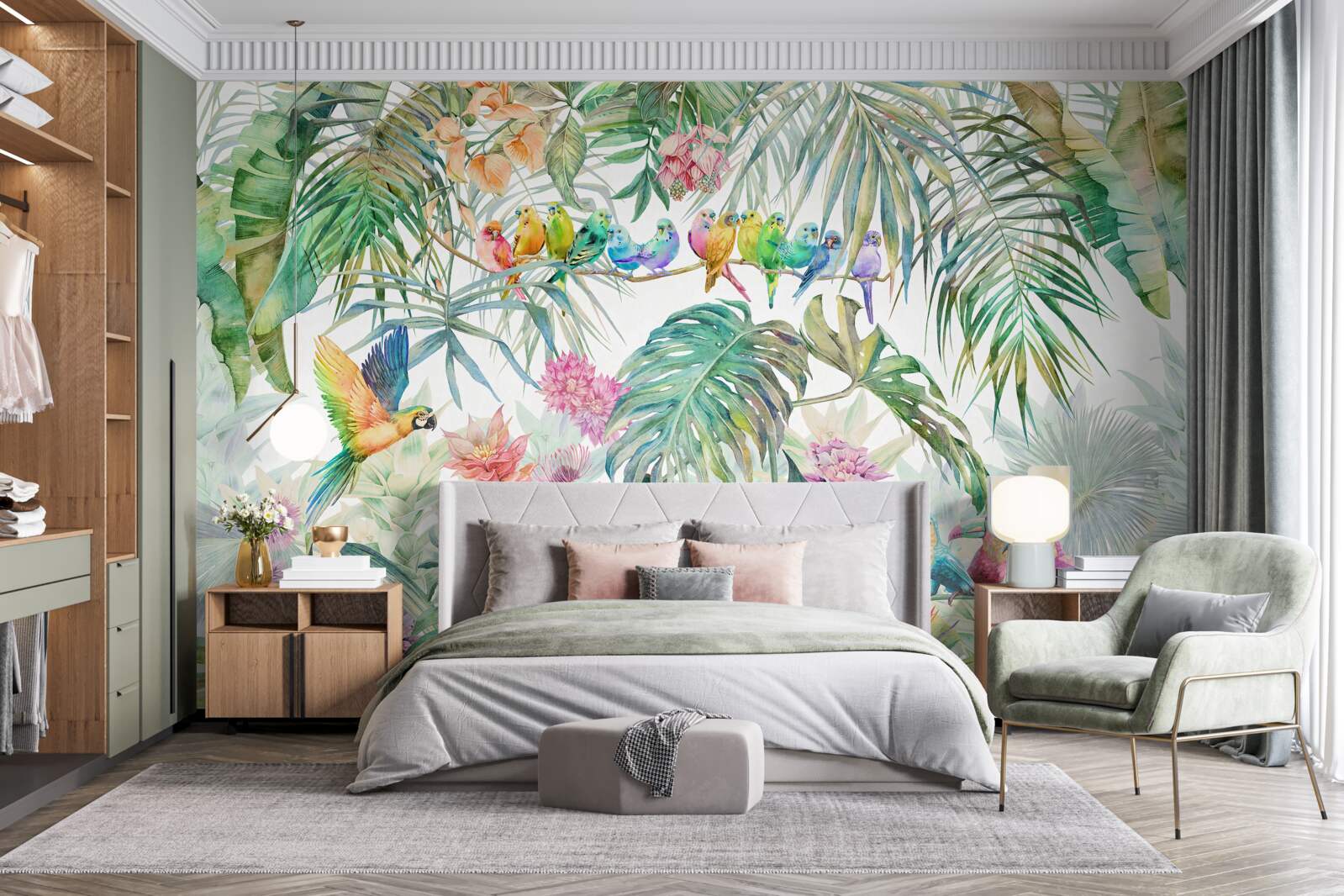 Fototapet păsări pe plante exotice