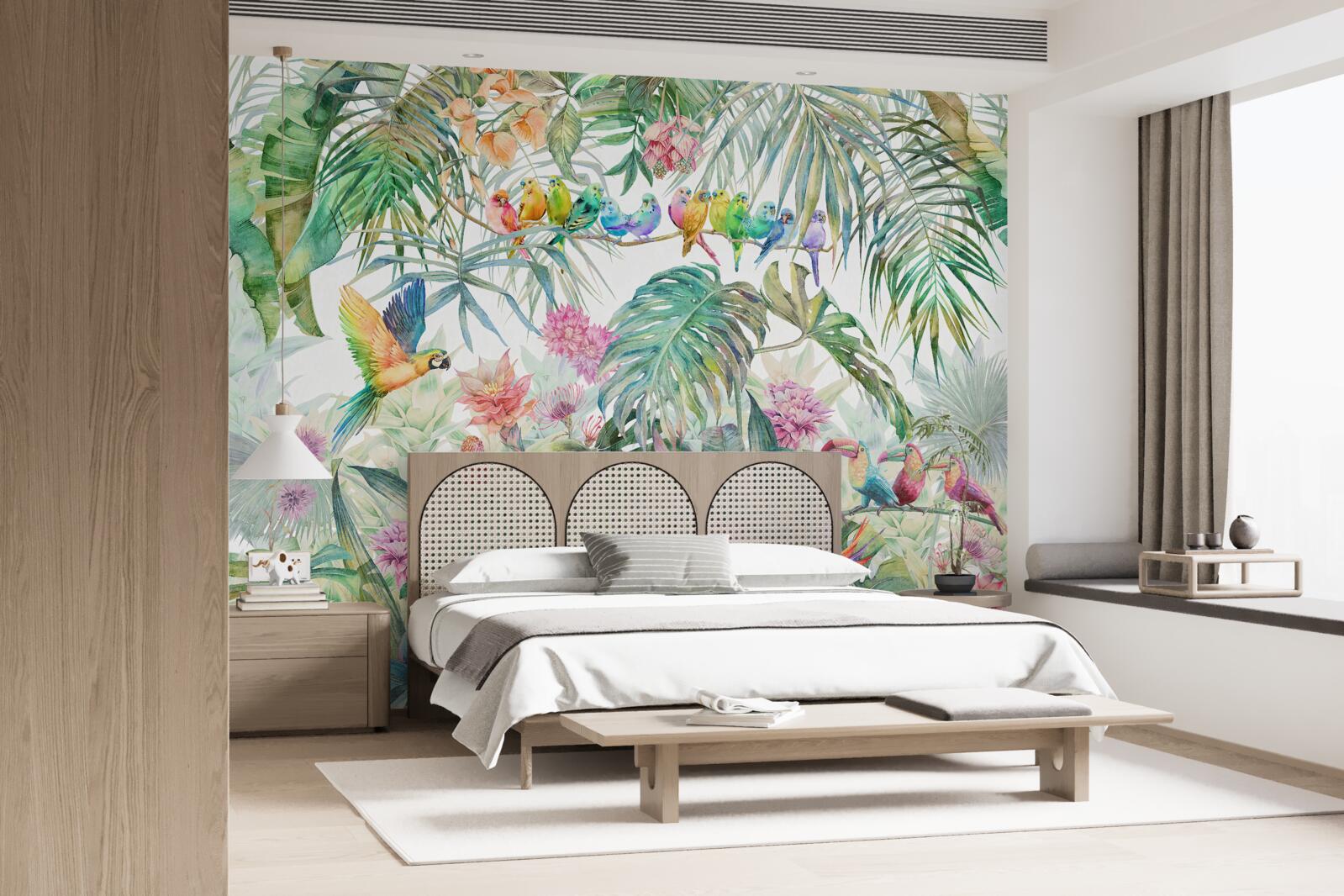 Fototapet păsări pe plante exotice