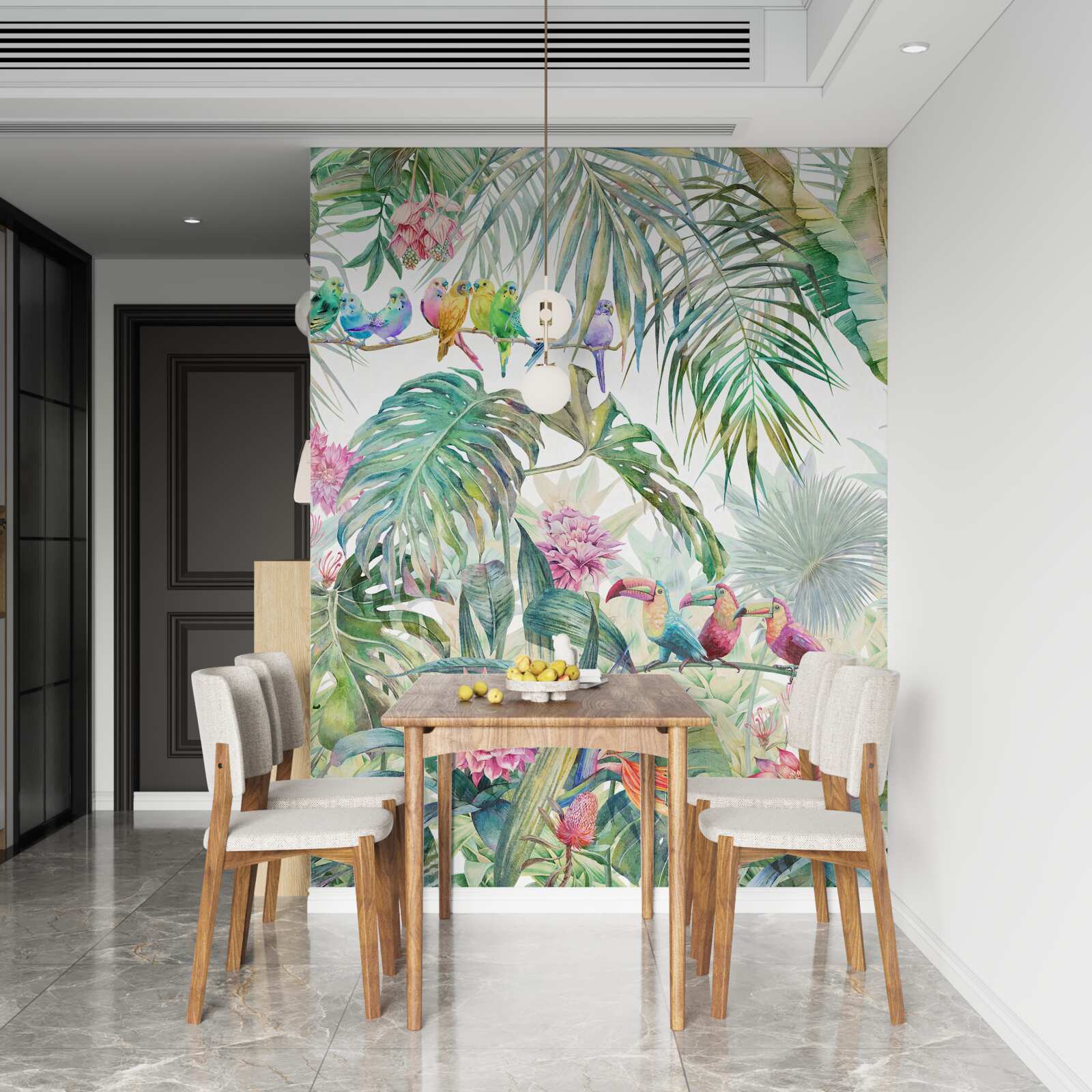 Fototapet plante exotice și păsări colorate