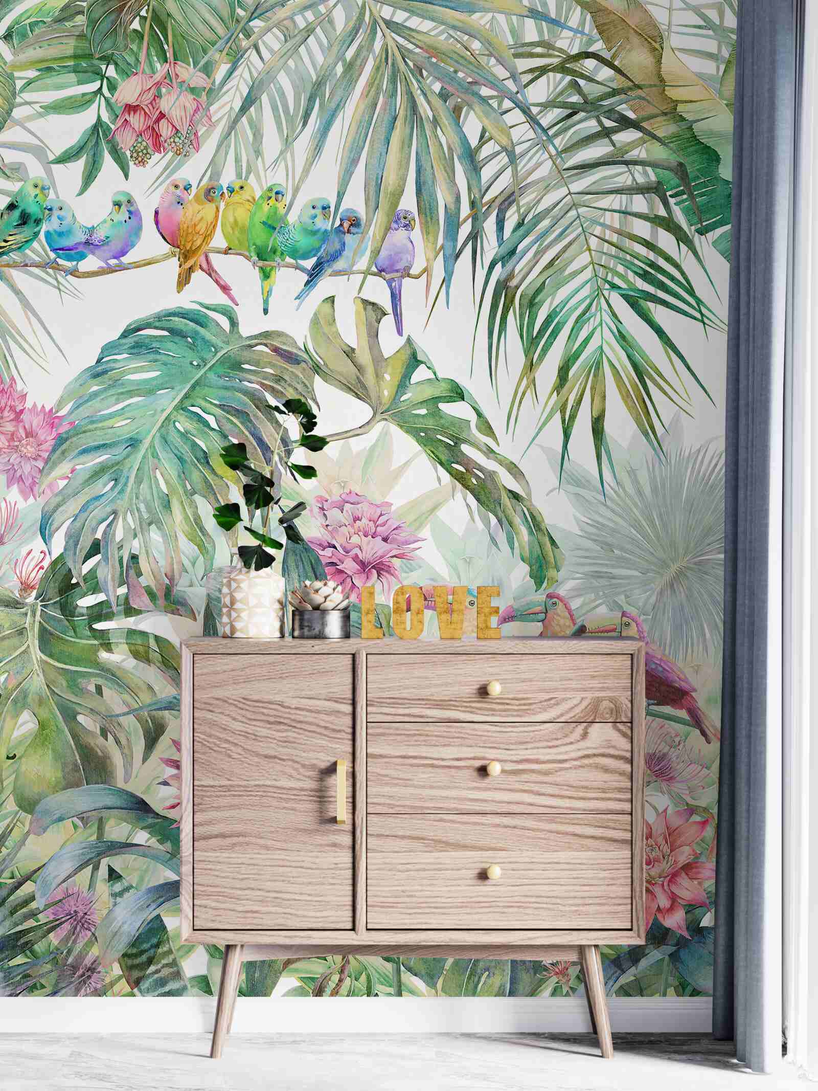 Fototapet plante exotice și păsări colorate