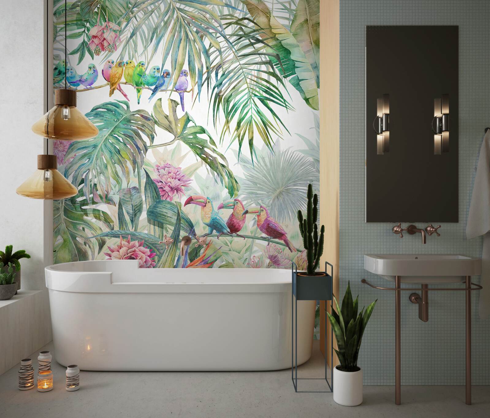 Fototapet plante exotice și păsări colorate