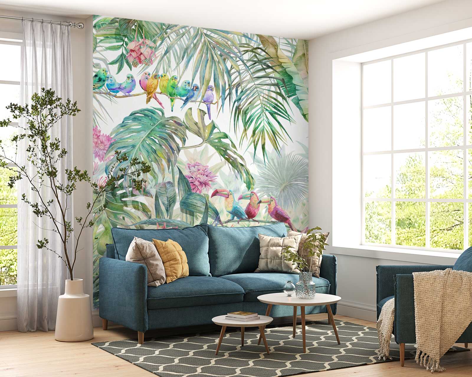 Fototapet plante exotice și păsări colorate