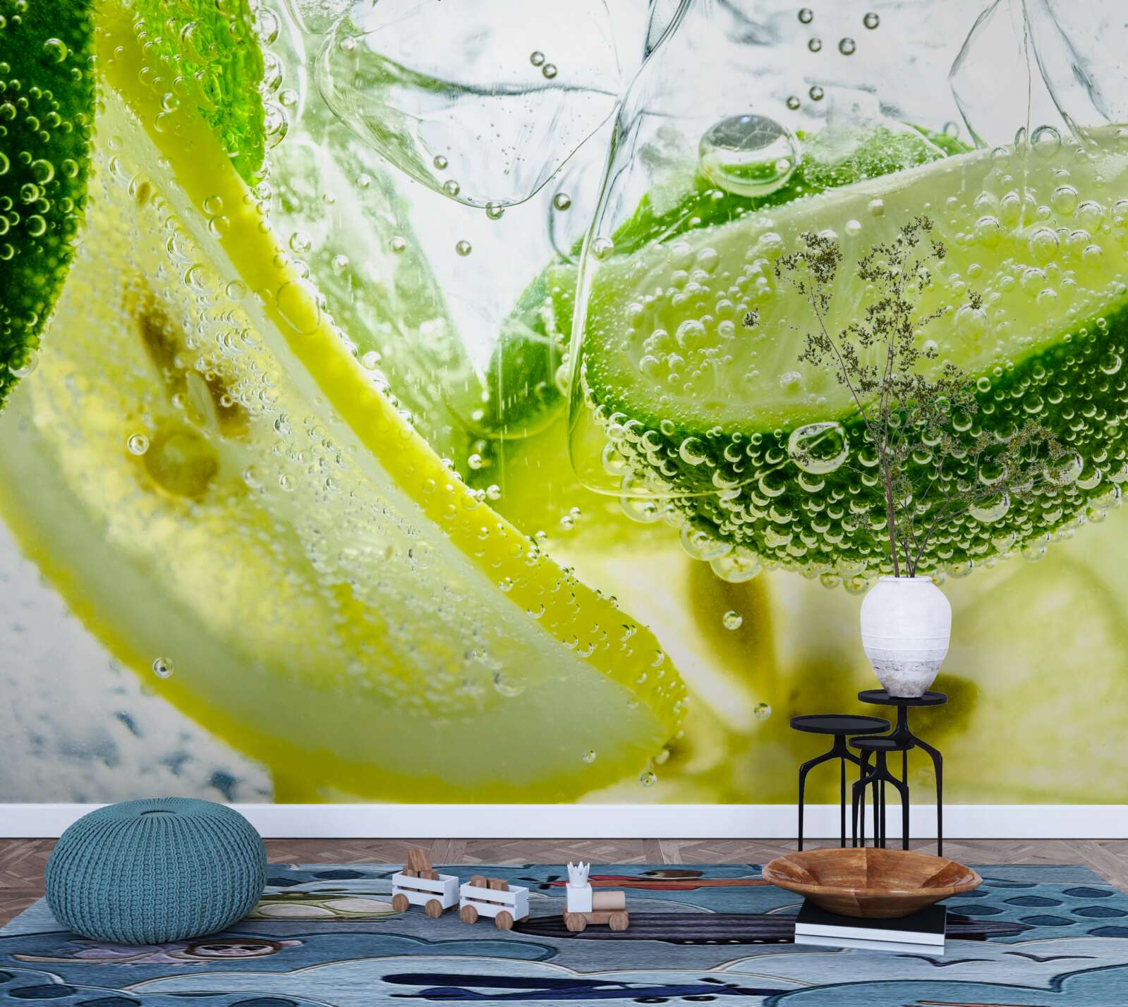 Fototapet felii de lămâie și lime într-un pahar cu apă