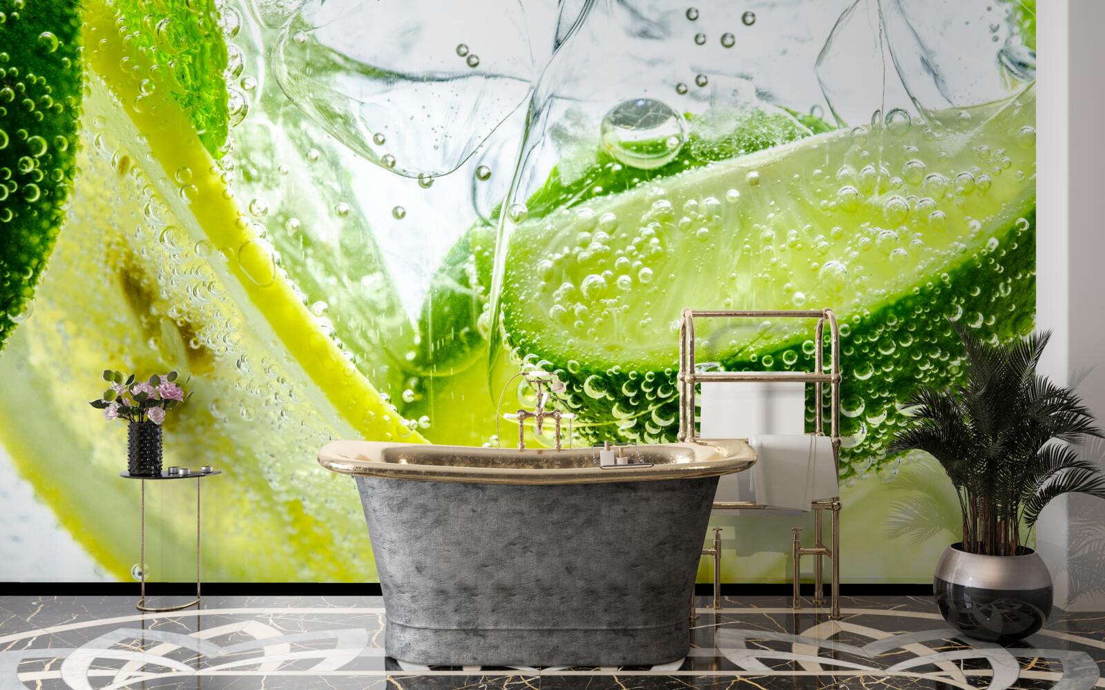 Fototapet felii de lămâie și lime într-un pahar cu apă