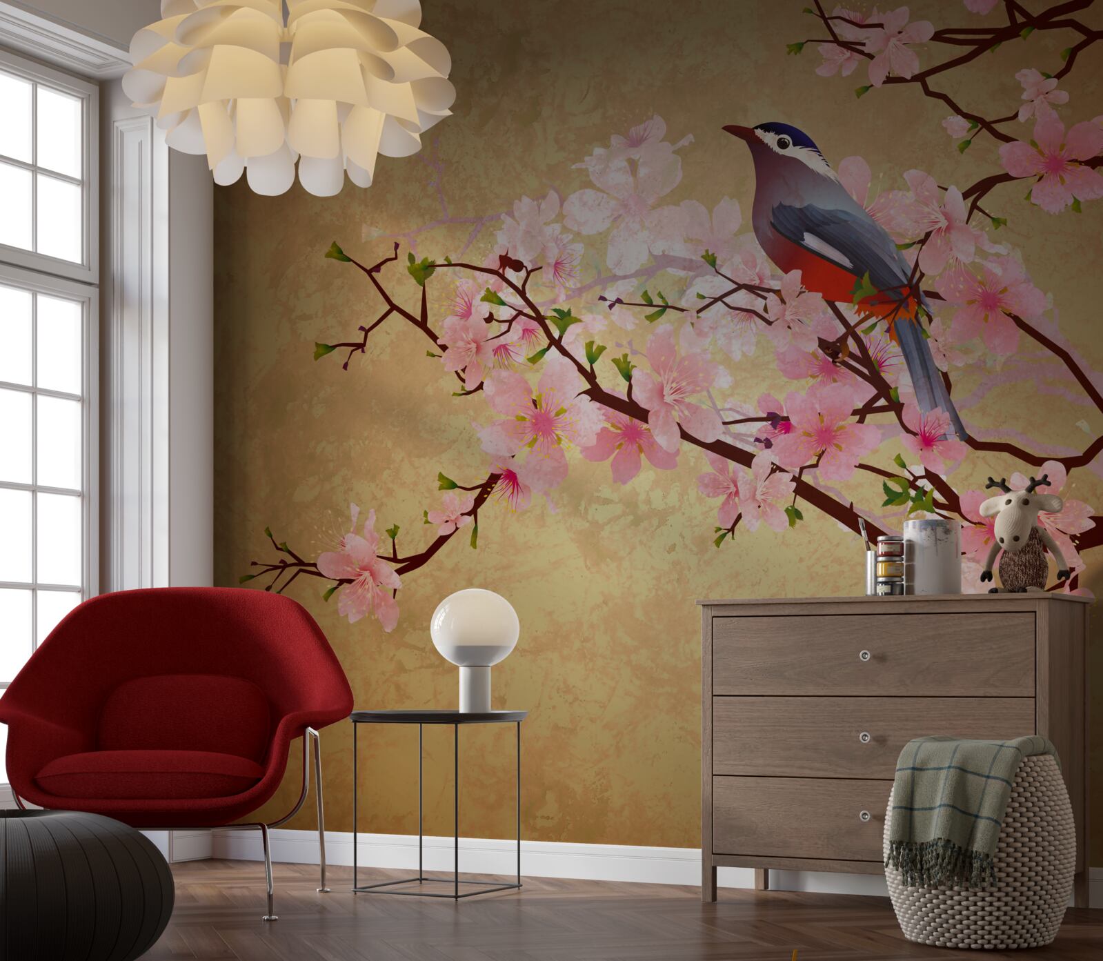 Fototapet privighetoare pe ramurile florilor de cireș