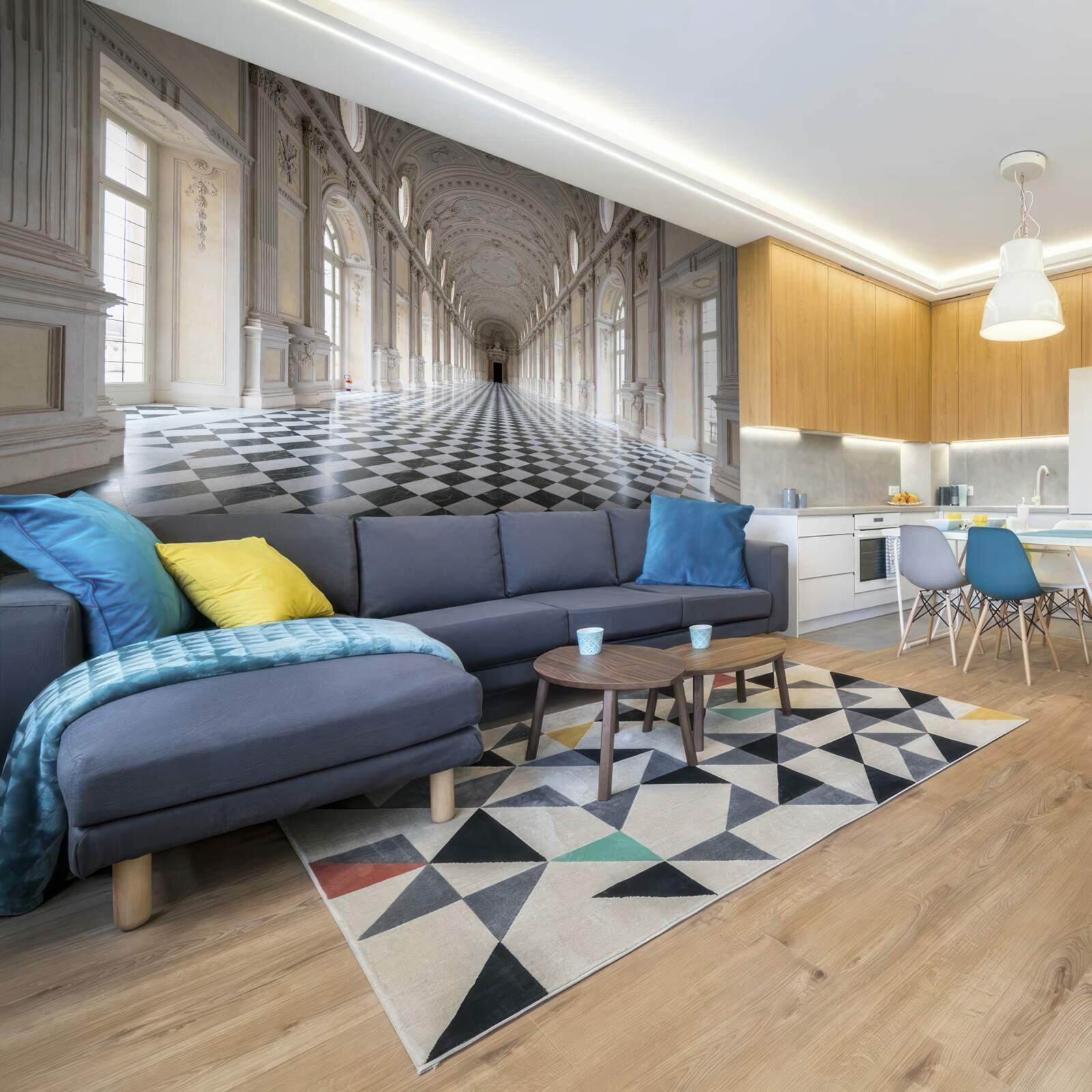 Fototapet faianță în stil mozaic într-o cameră căptușită cu piatră