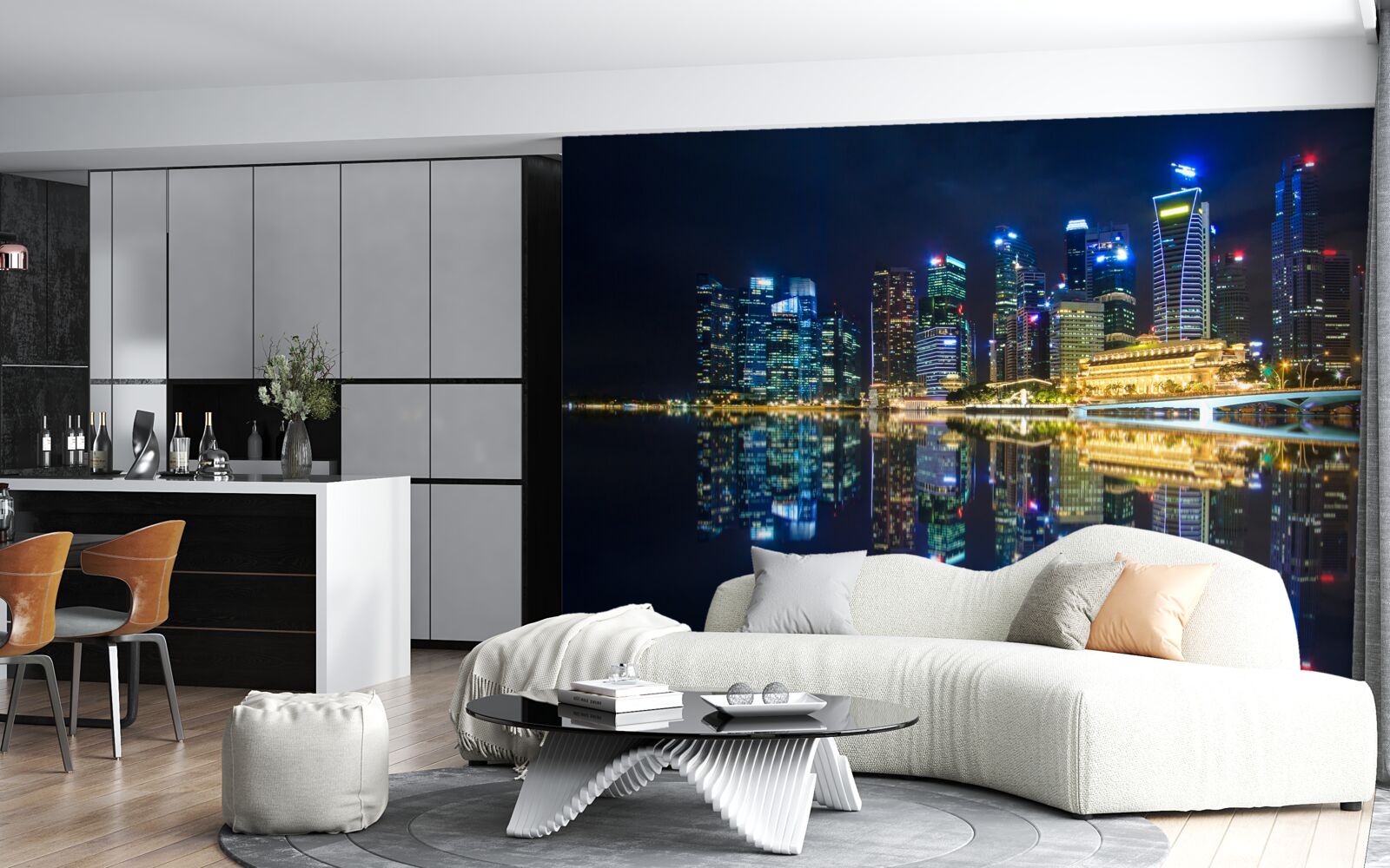 Fototapet oraș de noapte reflectat în apă și luminat de lumini