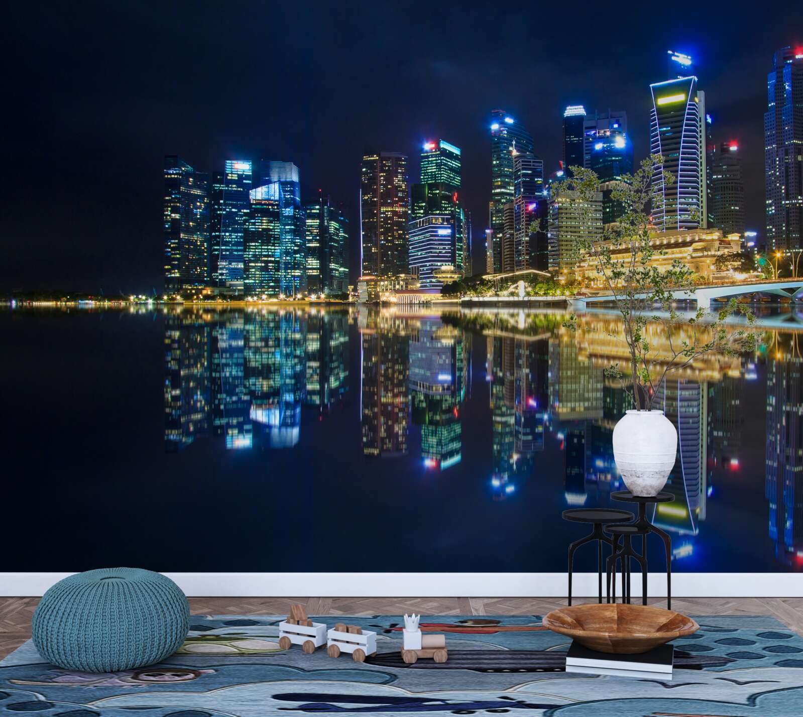 Fototapet oraș de noapte reflectat în apă și luminat de lumini