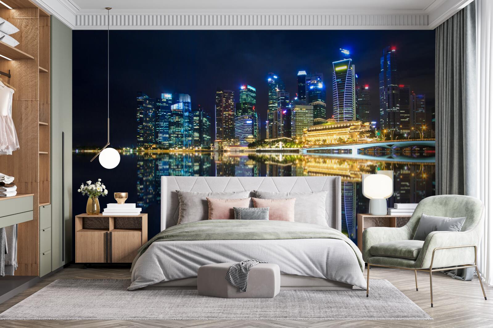 Fototapet oraș de noapte reflectat în apă și luminat de lumini