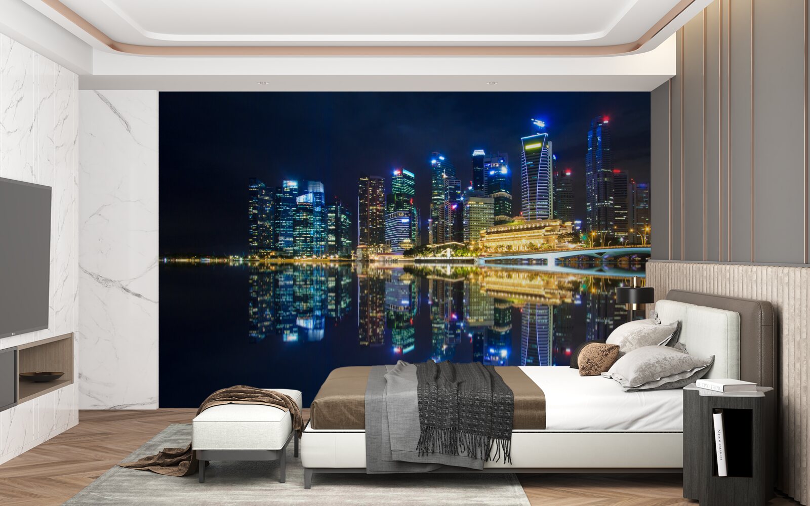 Fototapet oraș de noapte reflectat în apă și luminat de lumini
