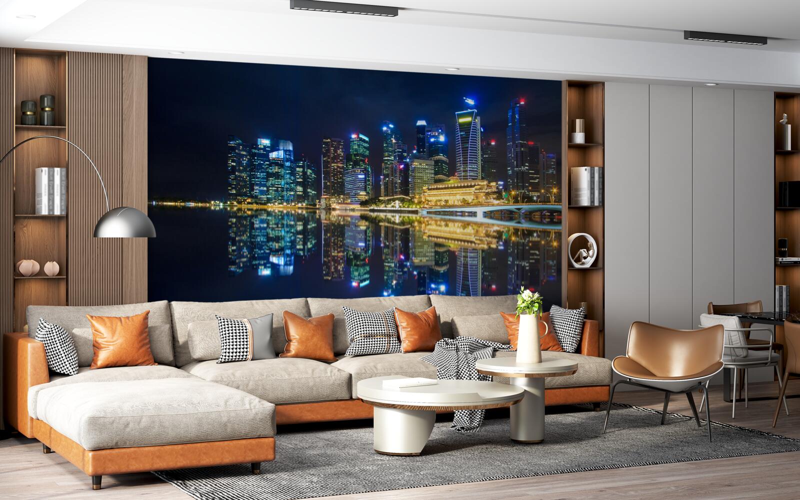 Fototapet oraș de noapte reflectat în apă și luminat de lumini