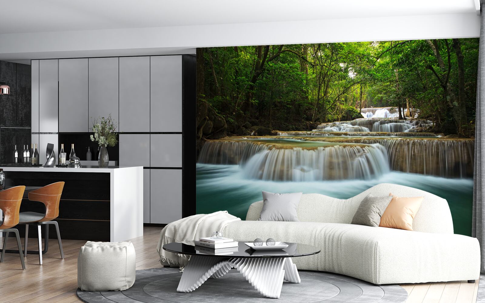 Fototapet un curs brusc de apă care curge într-o pădure deasă