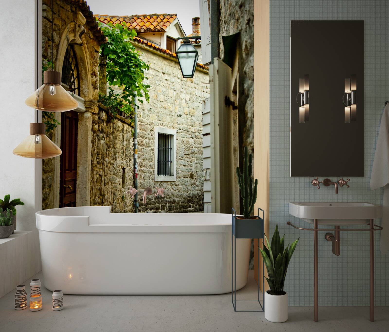 Fototapet stradă veche pavată cu piatră în timpul verii