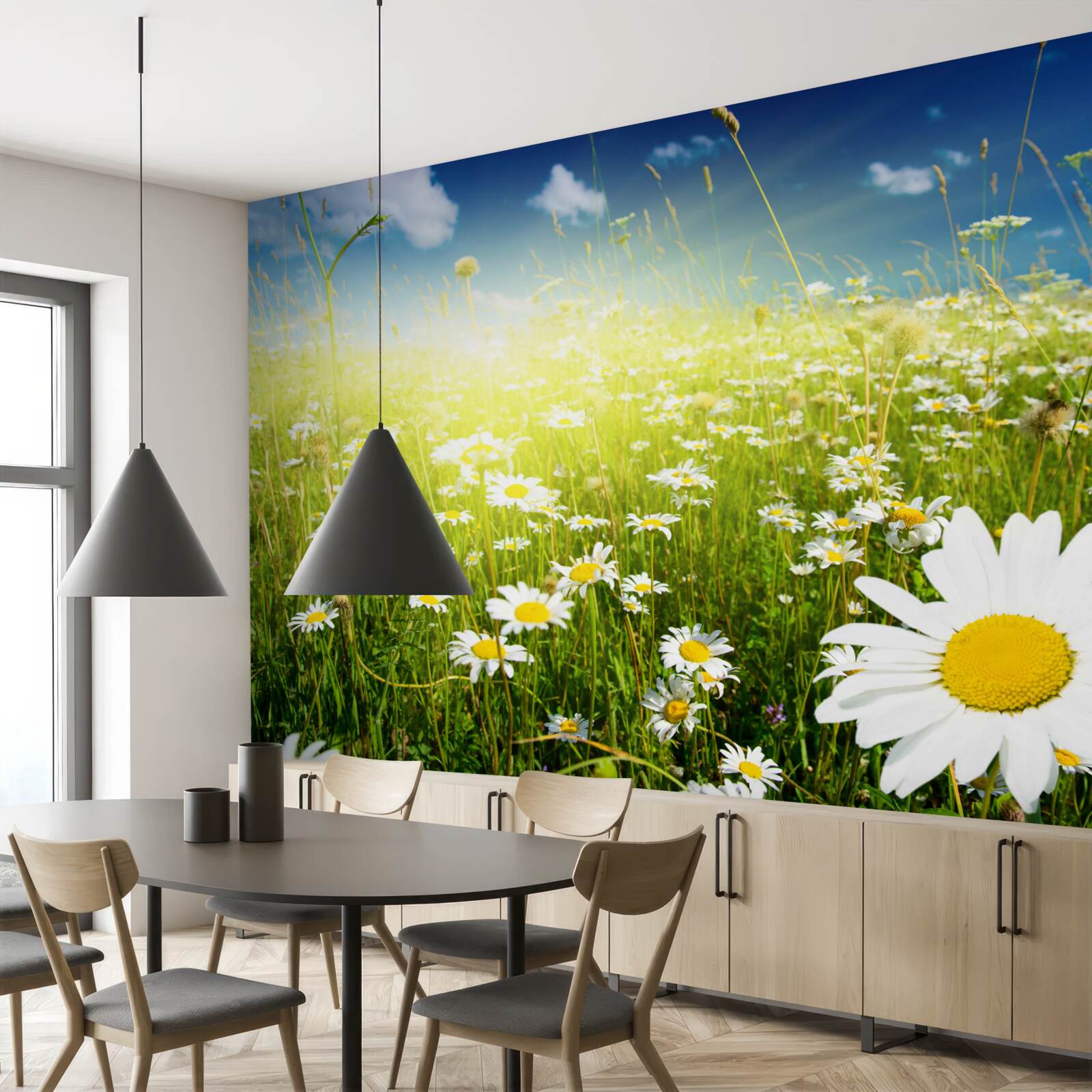 Fototapet o pajiște acoperită cu margarete în zori