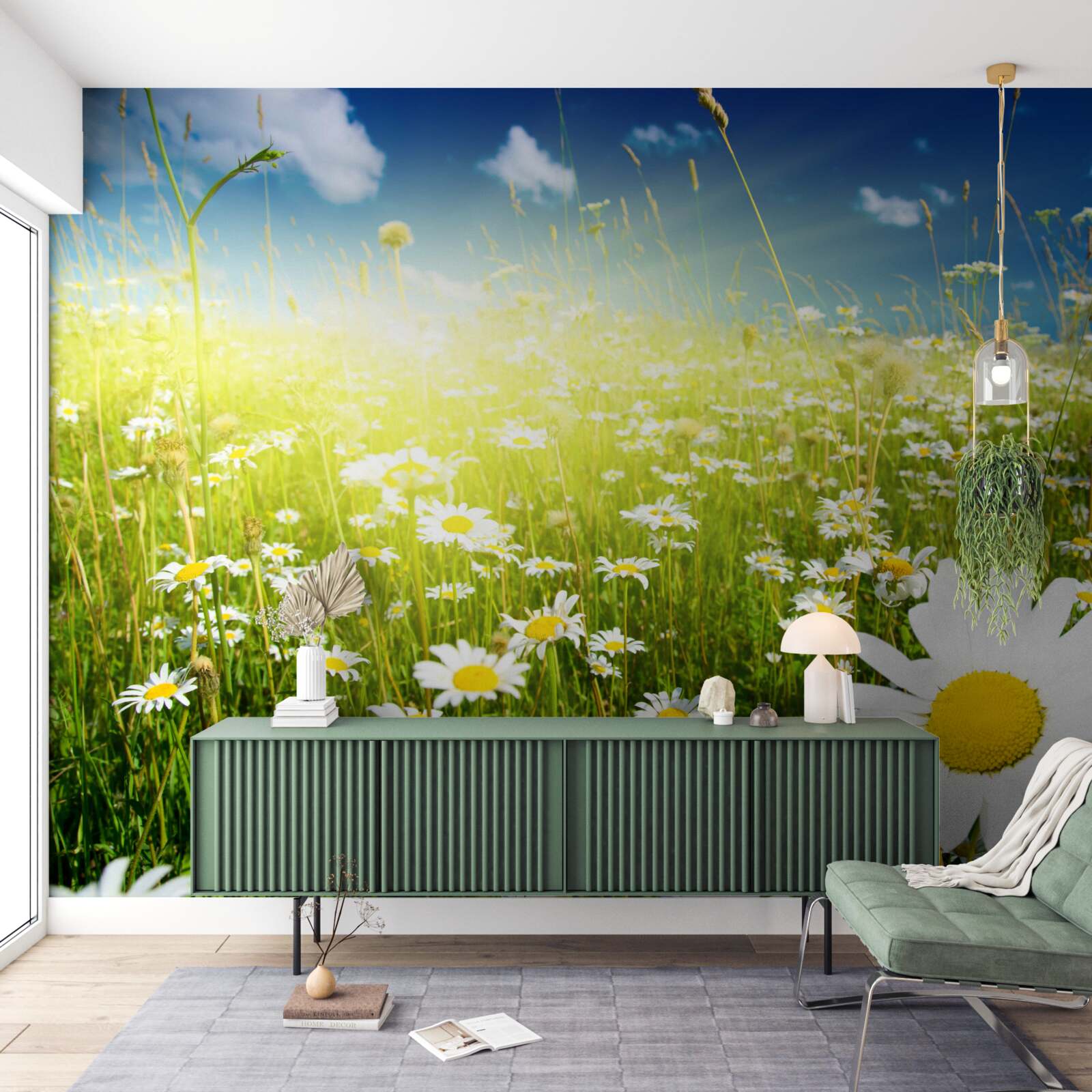 Fototapet o pajiște acoperită cu margarete în zori