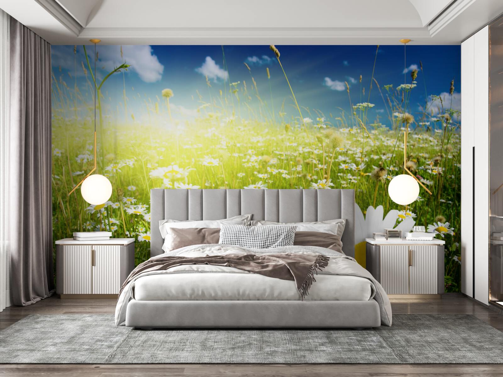 Fototapet o pajiște acoperită cu margarete în zori