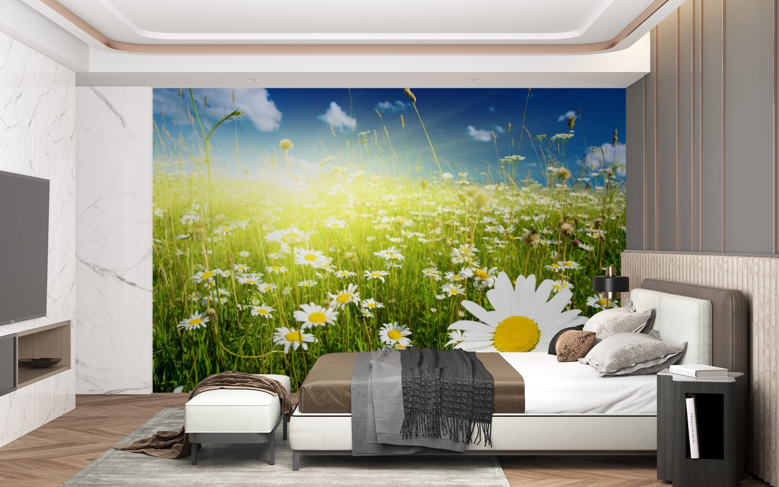 Fototapet o pajiște acoperită cu margarete în zori