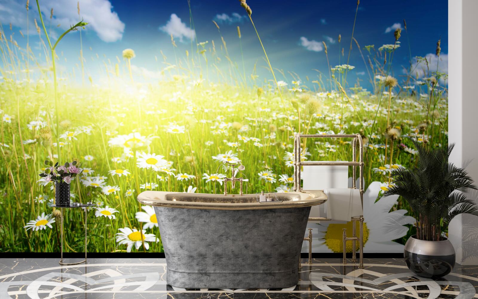 Fototapet o pajiște acoperită cu margarete în zori