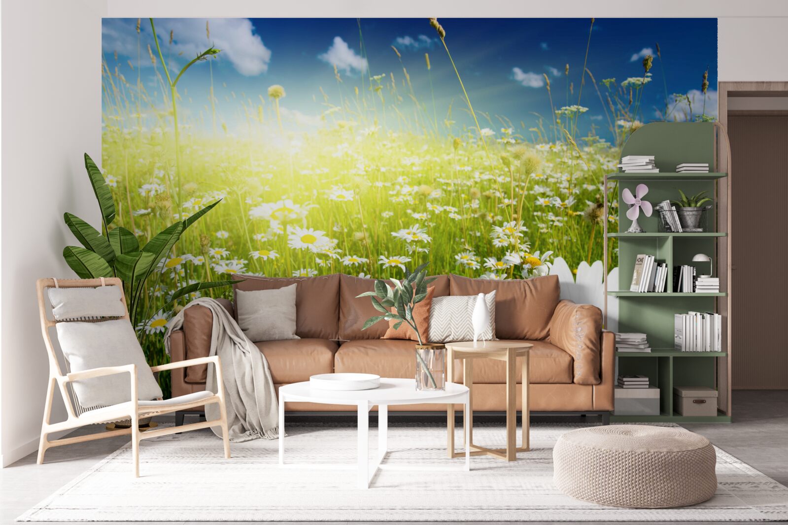 Fototapet o pajiște acoperită cu margarete în zori