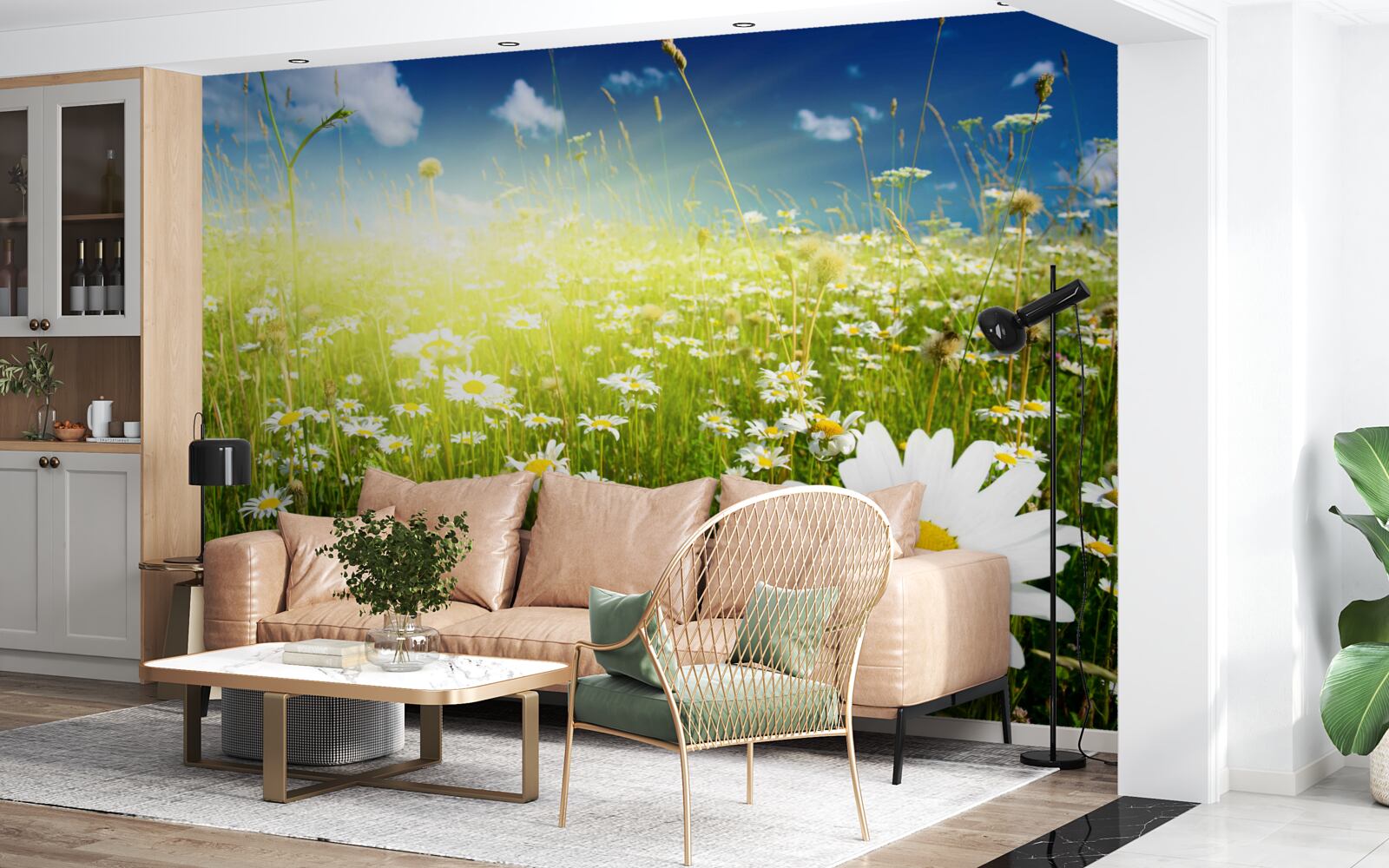 Fototapet o pajiște acoperită cu margarete în zori