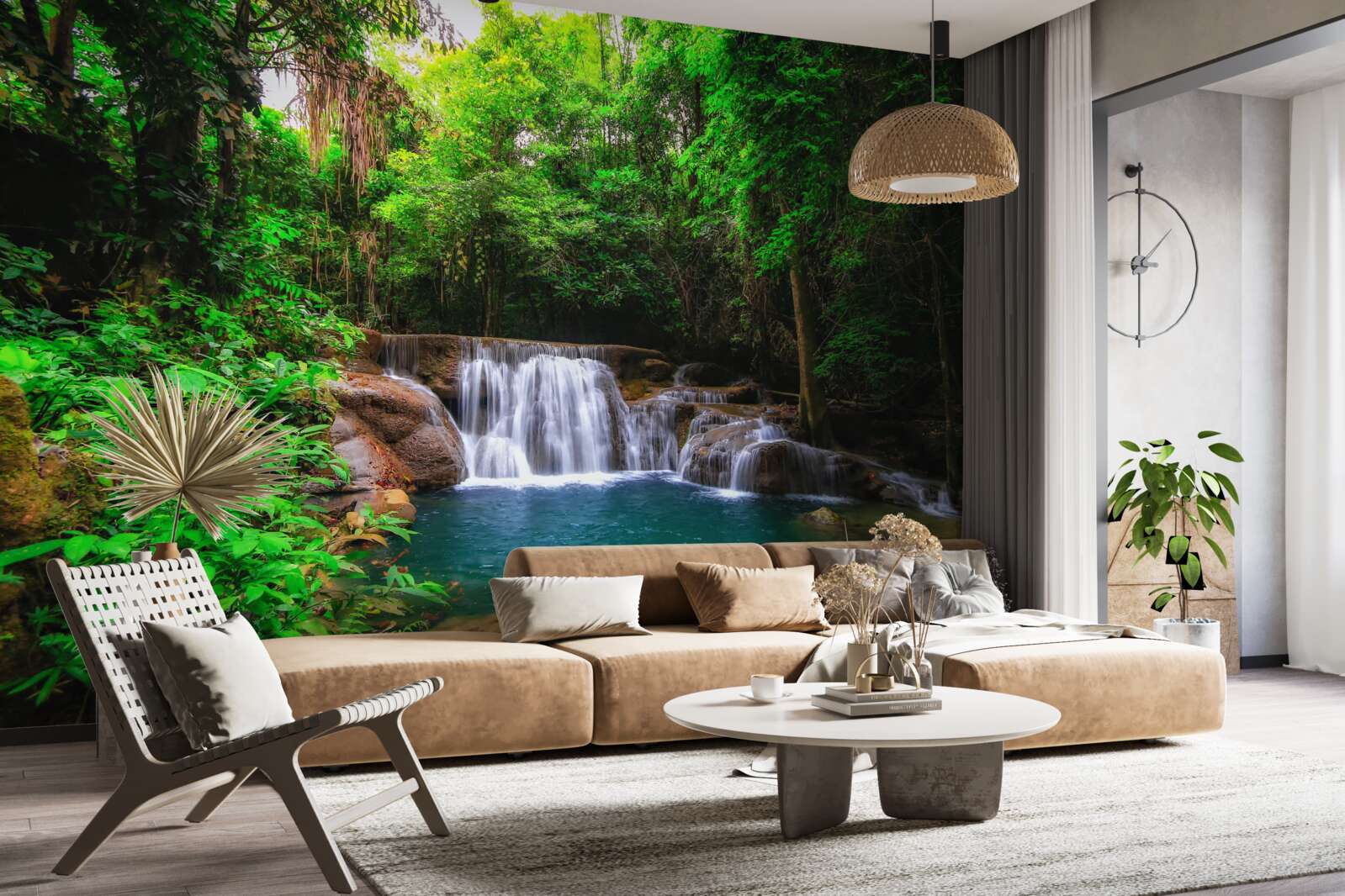 Fototapet o cascadă ascunsă în adâncul unei păduri verzi