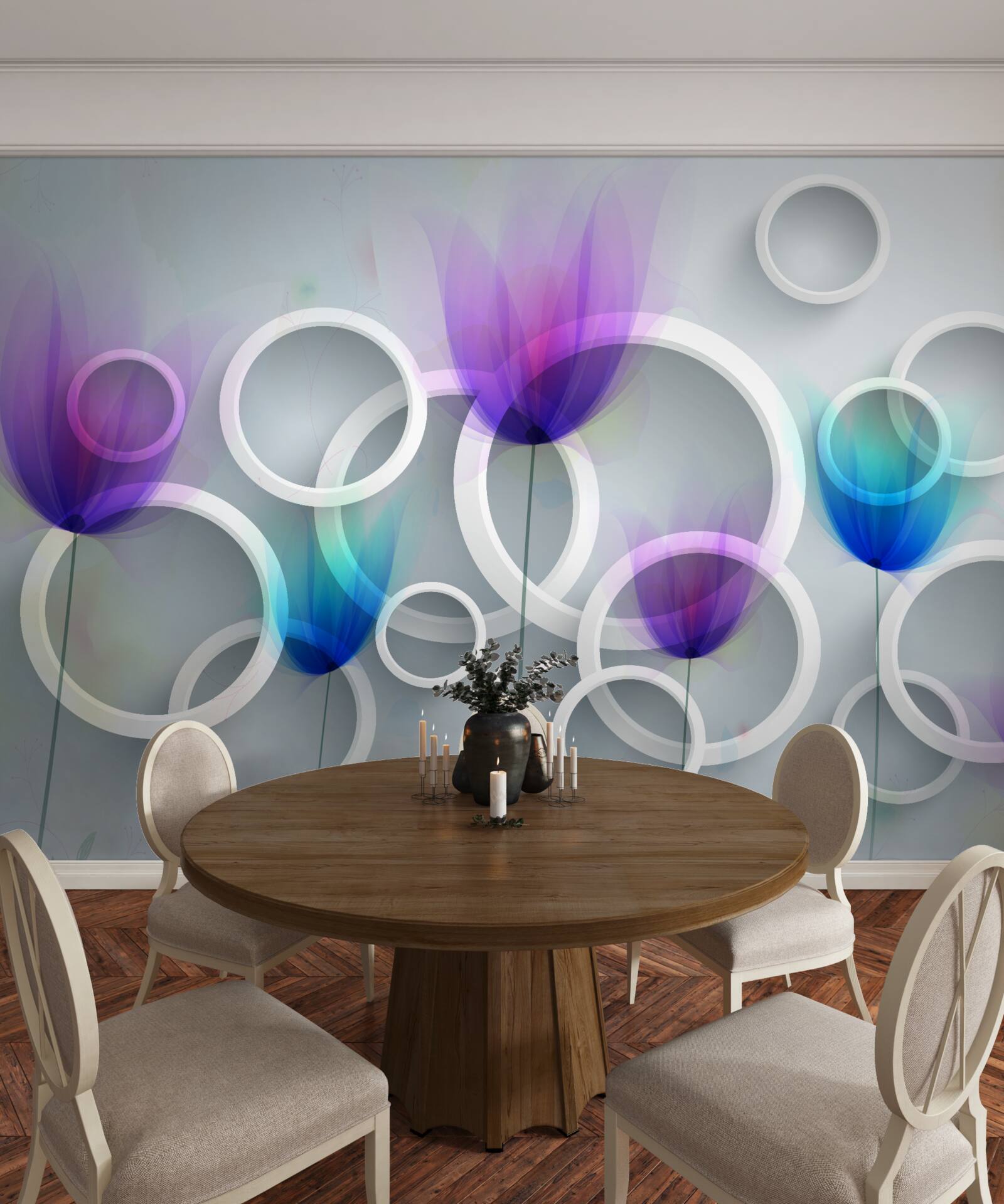 Fototapet Flori de mac și cercuri abstracte în fundal