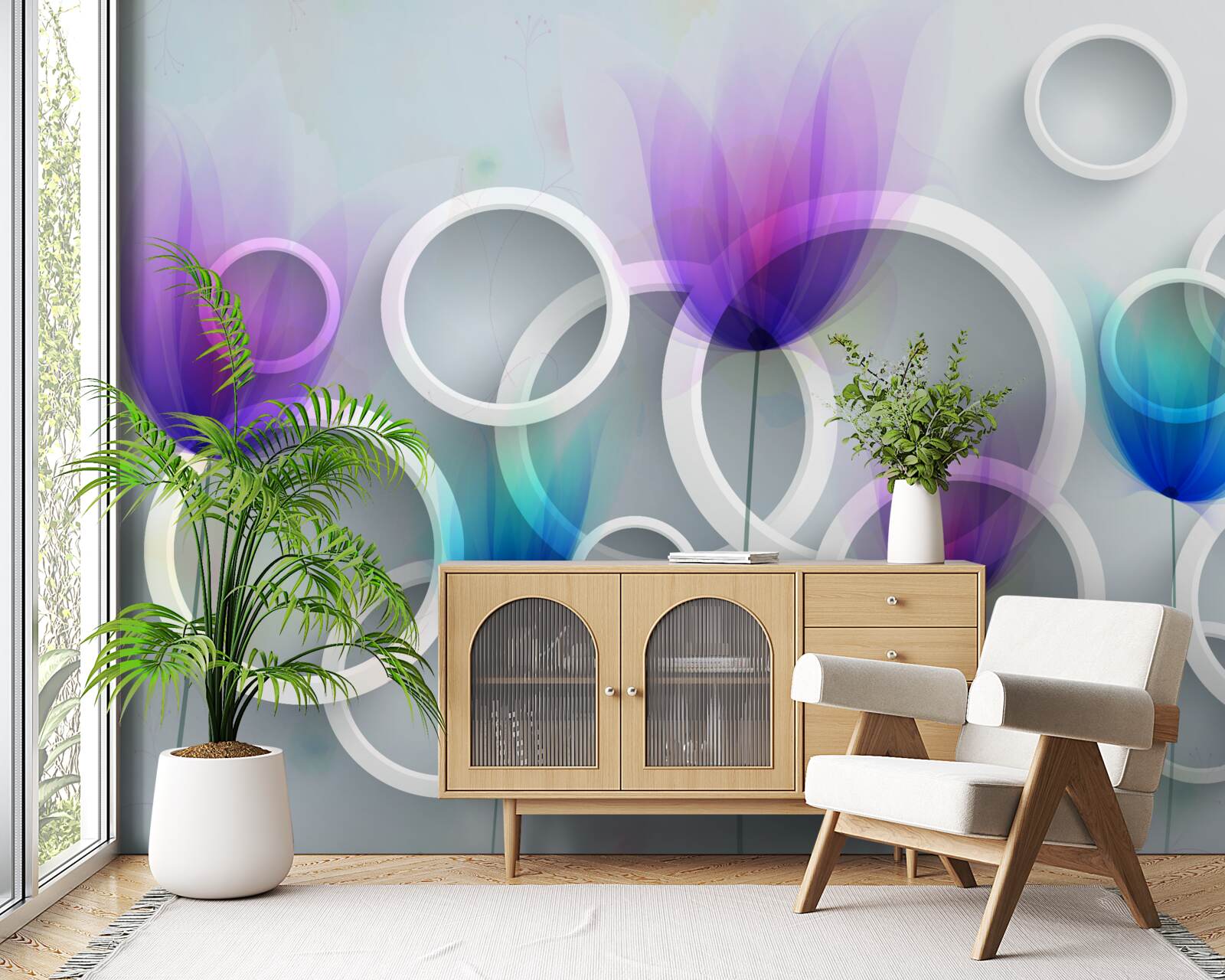 Fototapet Flori de mac și cercuri abstracte în fundal