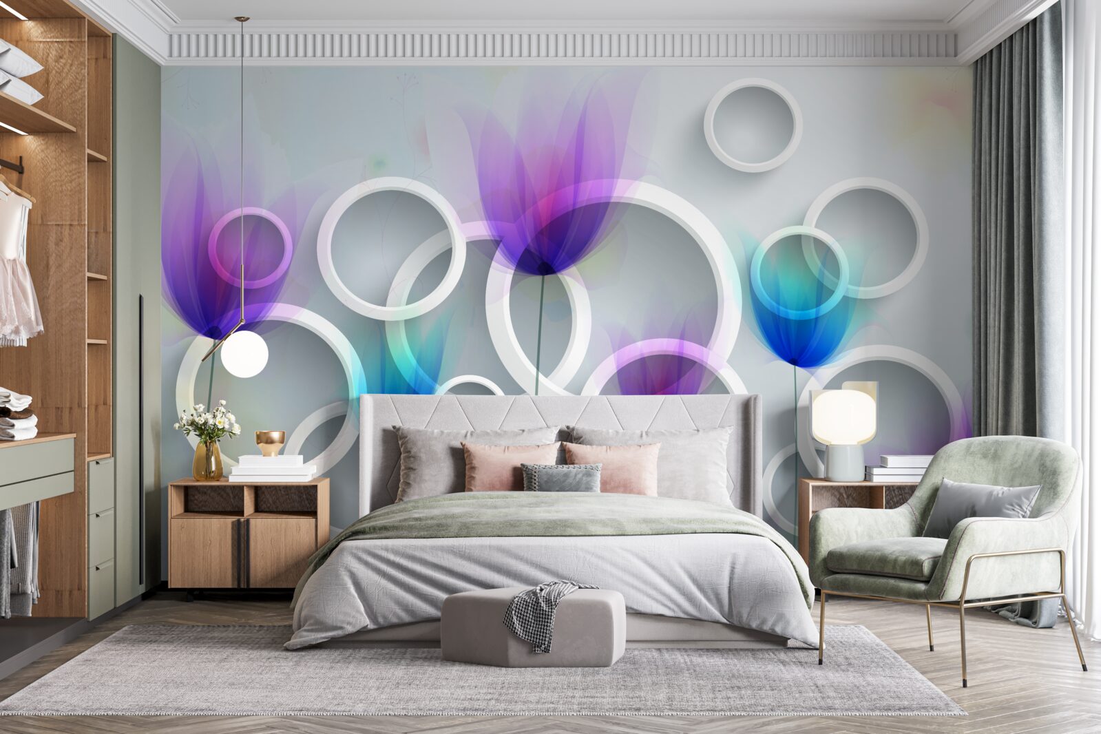 Fototapet Flori de mac și cercuri abstracte în fundal