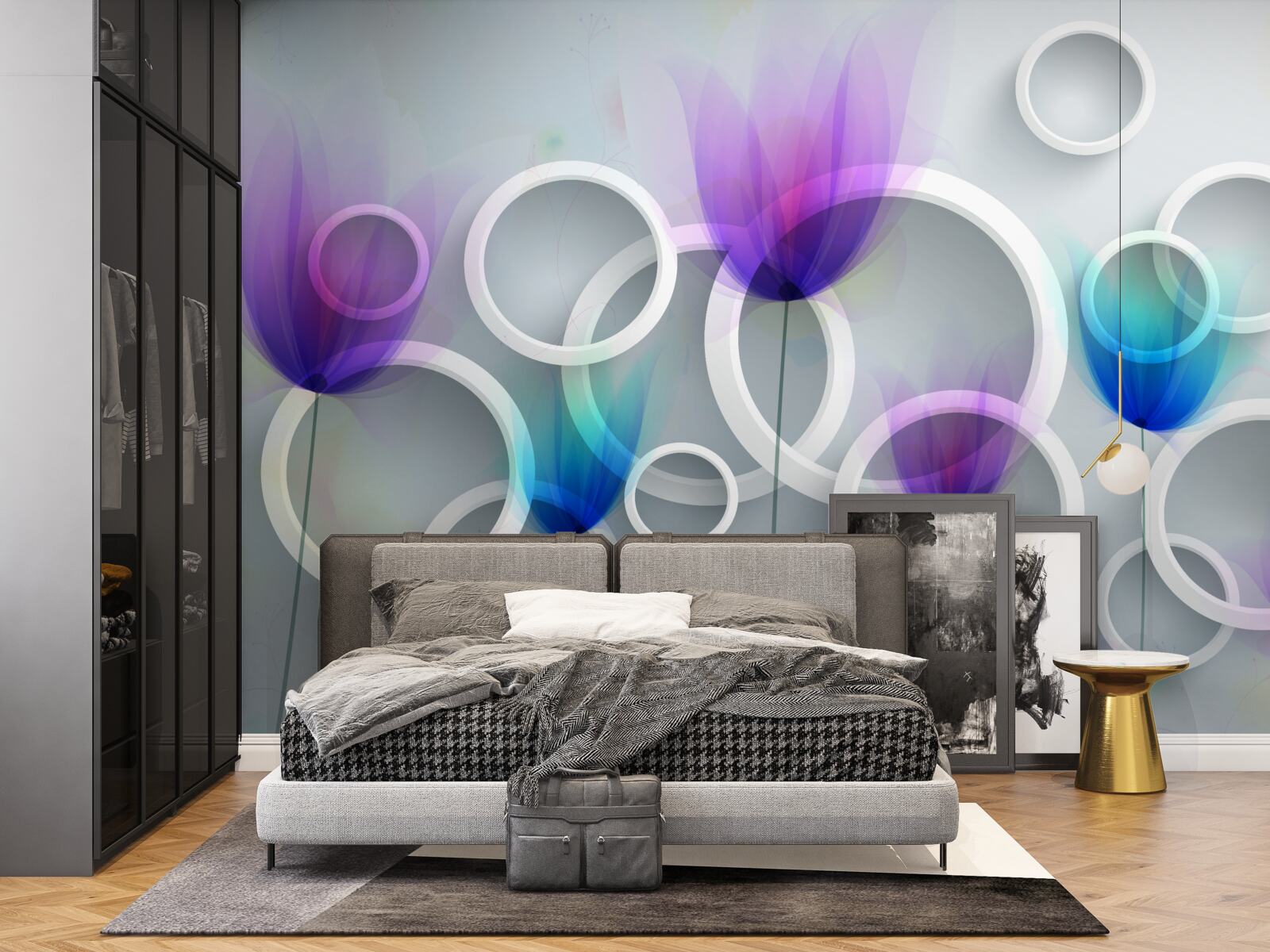 Fototapet Flori de mac și cercuri abstracte în fundal