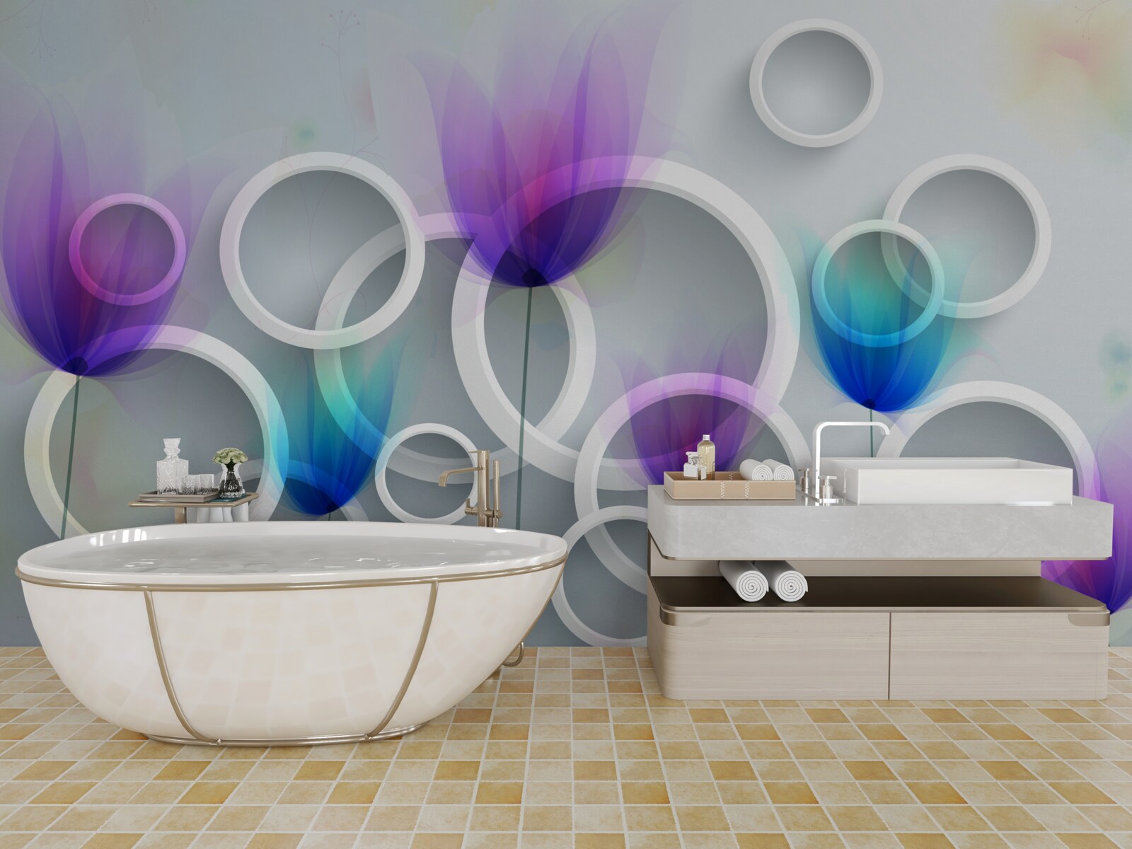 Fototapet Flori de mac și cercuri abstracte în fundal