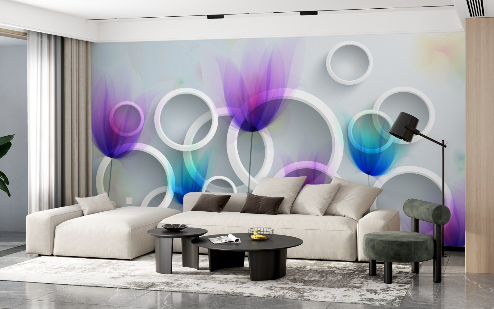 Fototapet Flori de mac și cercuri abstracte în fundal