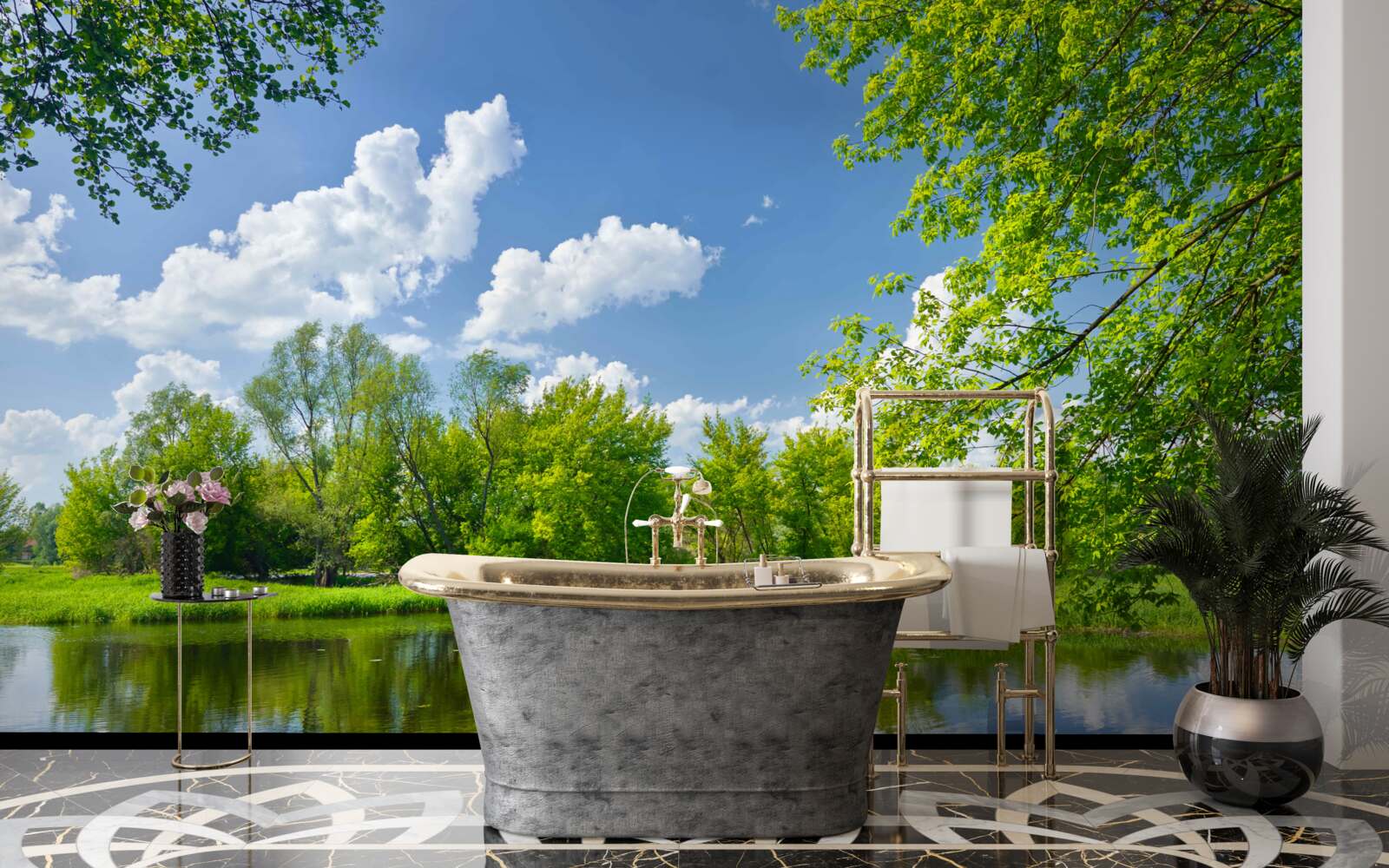 Fototapet apele calme ale râului forestier