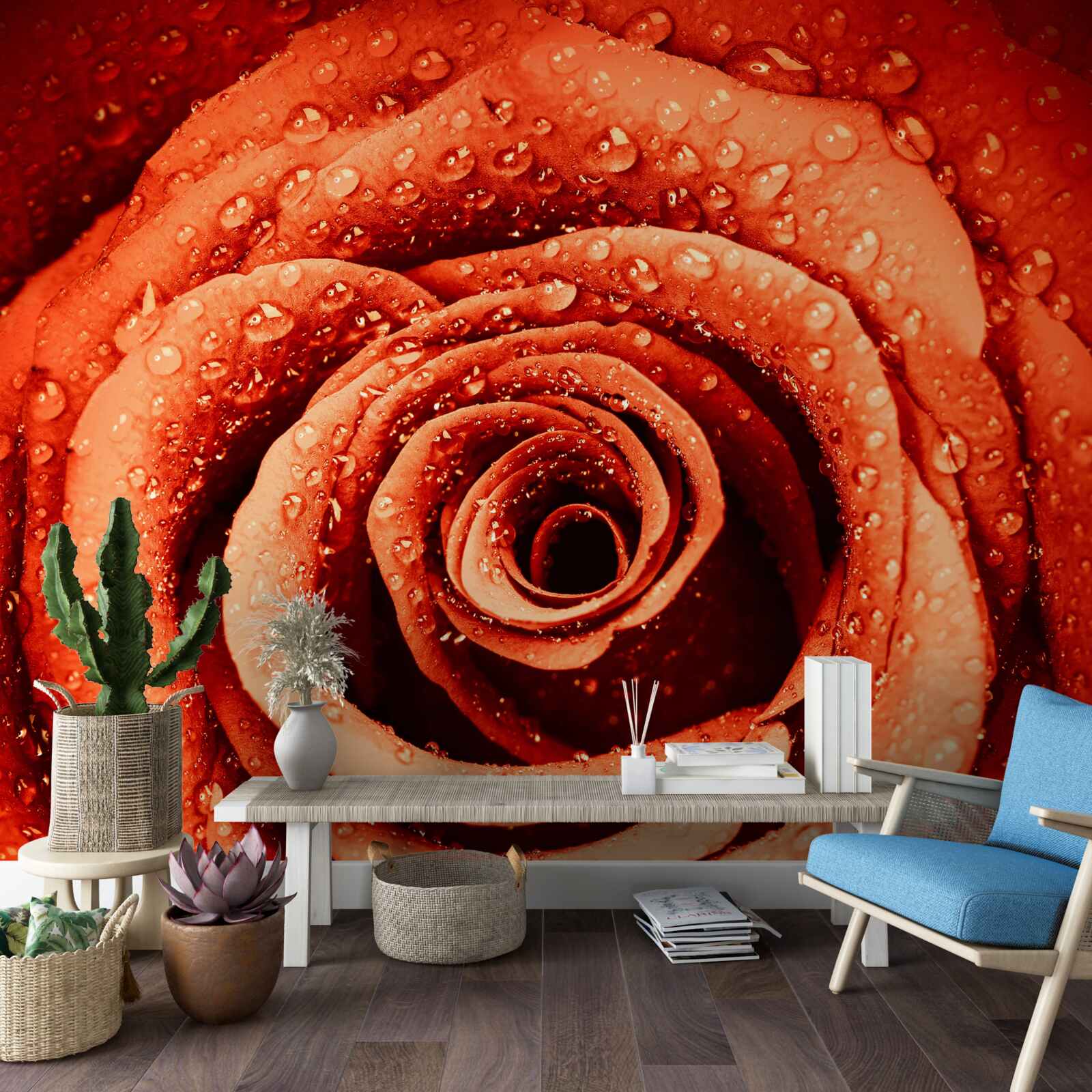 Fototapet picături de rouă pe o petală de trandafir stacojiu