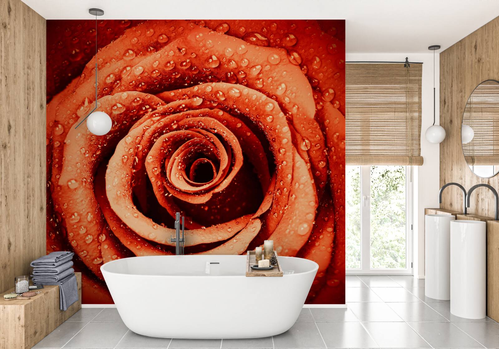 Fototapet picături de rouă pe o petală de trandafir stacojiu