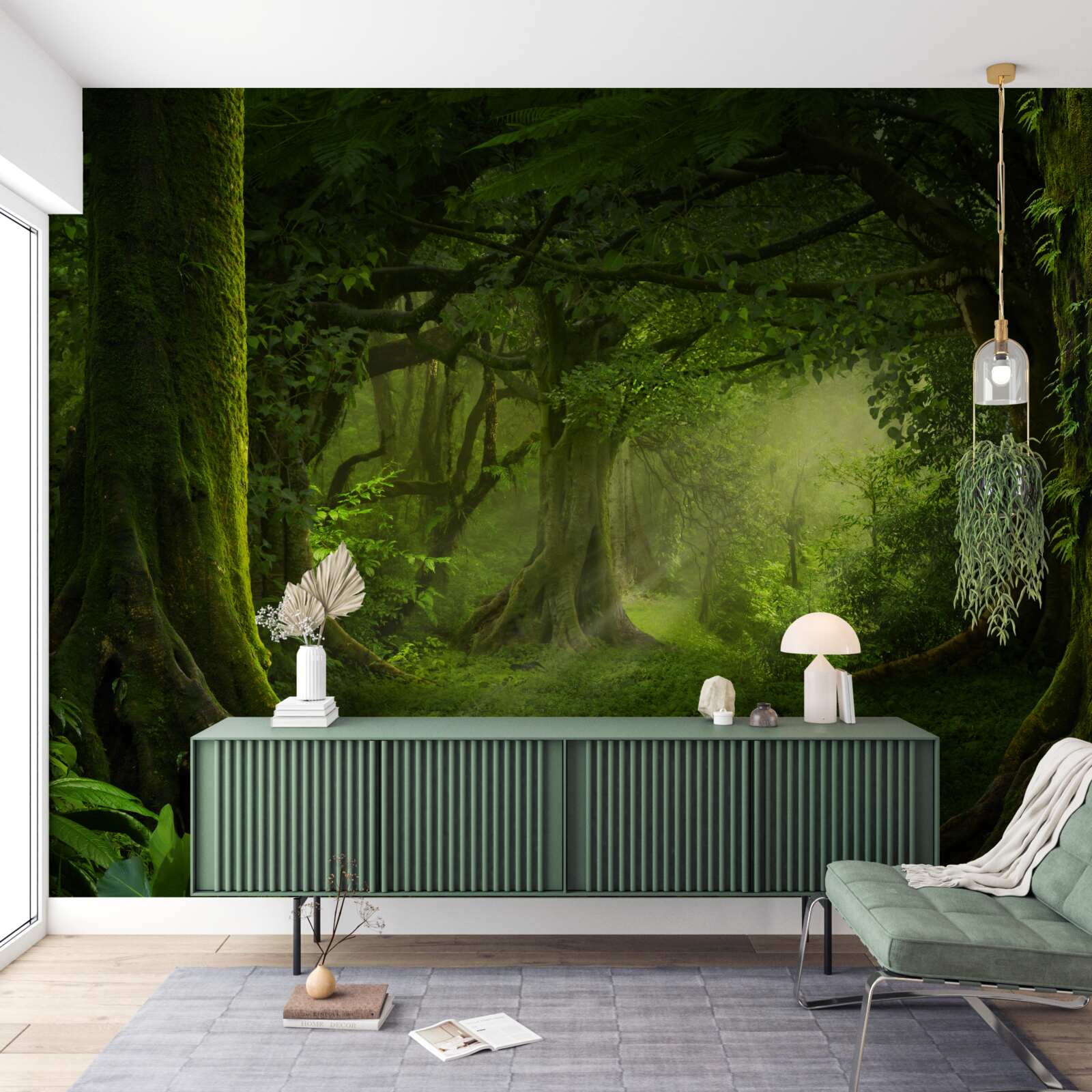 Fototapet razele soarelui pătrund în copacii dese ai pădurii